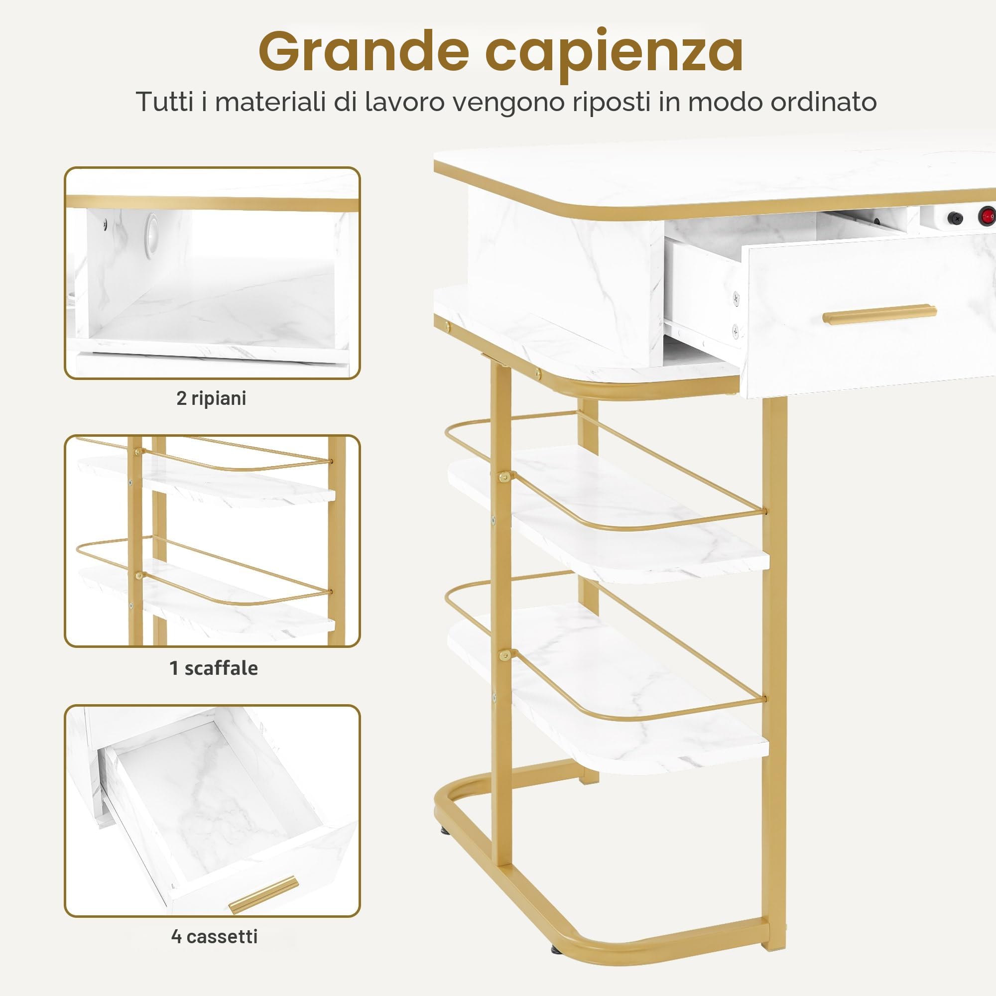 BarberPub Tavolo per manicure con 4 cassetti e 5 ripiani, unghia con aspirazione, 2 sacchetti per aspirapolvere, scrivania in legno per salone di unghie, marmo