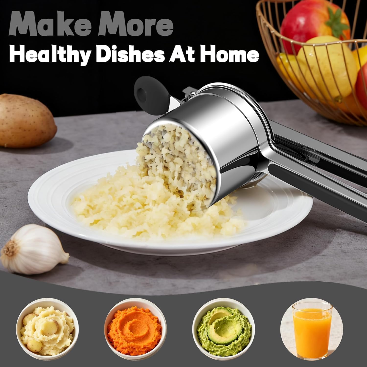 Large 15oz Potato Ricer Heavy Duty Stainless Steel Potato Masher and Ricer Kitchen Tool, Press and Mash Kitchen Gadget For Perfect Mashed Potatoes - Everytime (Black)