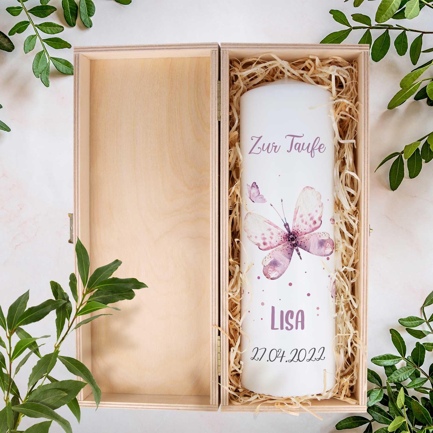 GRAVURZEILE Candela stampata per battesimo con farfalla V2 candela stampata brillante per battesimo regalo personalizzato per ragazze e ragazzi candela a colonna di alta qualità 250 80 mm colore rosa