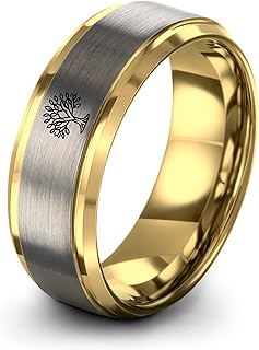 Gift for Spiritual Person - Tree Of Life Ring - Anniversary Wedding - Silver Yellow Rose Gold Gunmetal - Flat Dome Bevel - Personalized Custom Engraving - Band - Brushed Polished - 8mm - Men Women - T
