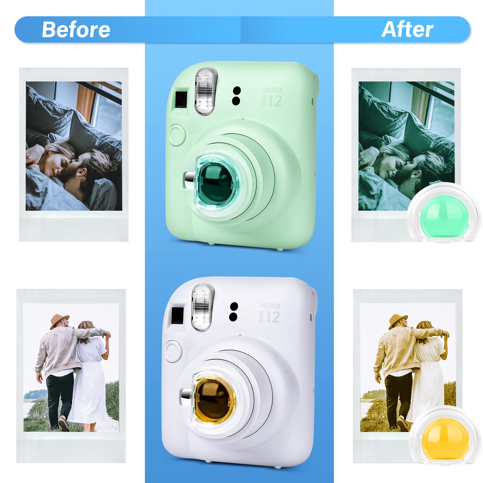 Fuji Mini 12 filtr obiektywu aparatu, kolorowy filtr obiektywu zbliżeniowego kompatybilny z kamerą Instax Mini 12, 2 szt. filtrów wyciętych i 4 szt. pełnokolorowych filtrów - 6 sztuk