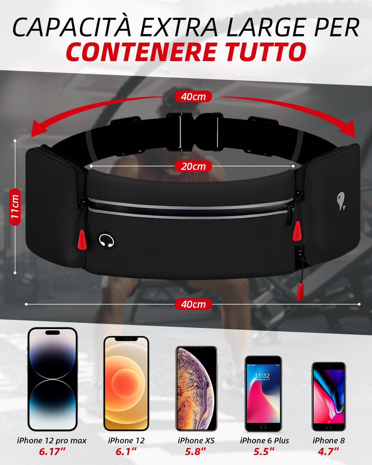 Marsupio Running,Marsupio Sportivo con Portabottiglie,Marsupio Corsa Impermeabile Regolabile,Marsupio Porta Cellulare con Strisce Riflettenti foro per Cuffie,Adatto per l'allenamento all'aperto,Nero