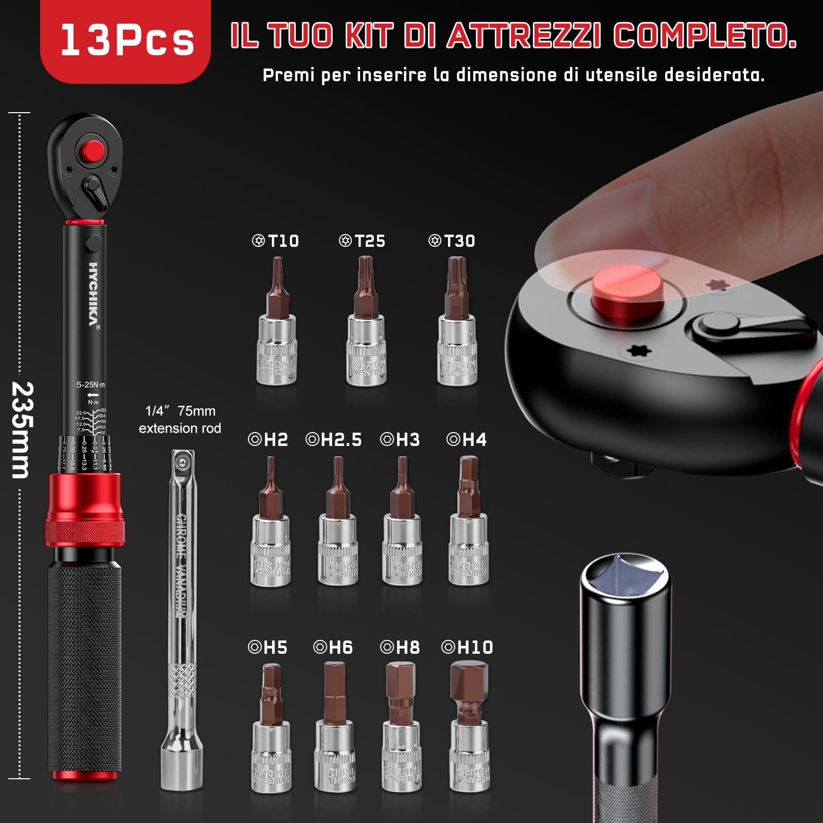 HYCHIKA Kit da 13 Chiavi Dinamometriche 1/4" 5-25Nm, Precisione ±2%, Set Chiave Dinamometrica Bici 72 Denti con Prolunga, Bits e Scatola.