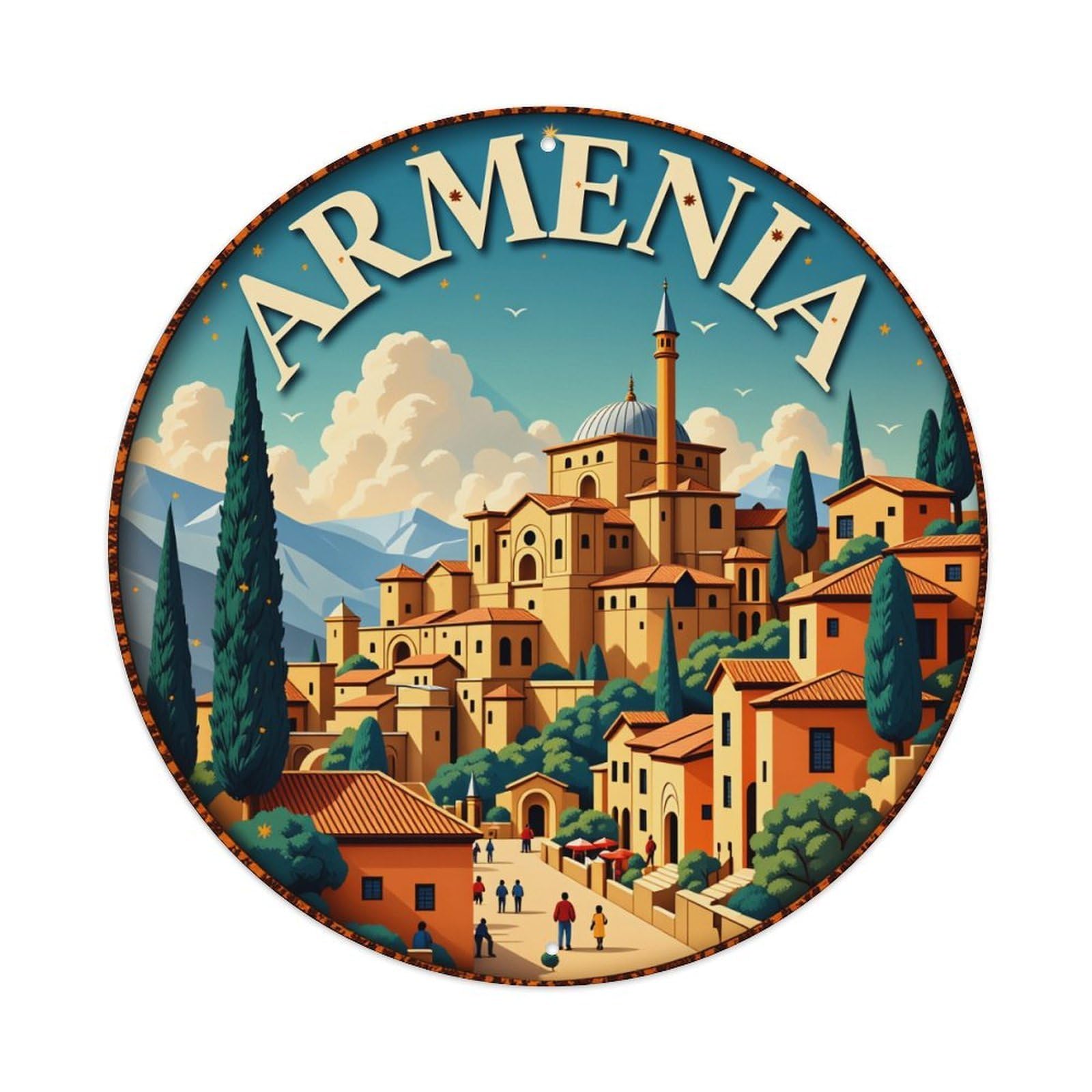 Armenian Village Landscape Artwork Round Tin Sign Vintage Style Metal Sign Home Bar Garden Wall Plaque Decor Metal Poster 8x8 Inch