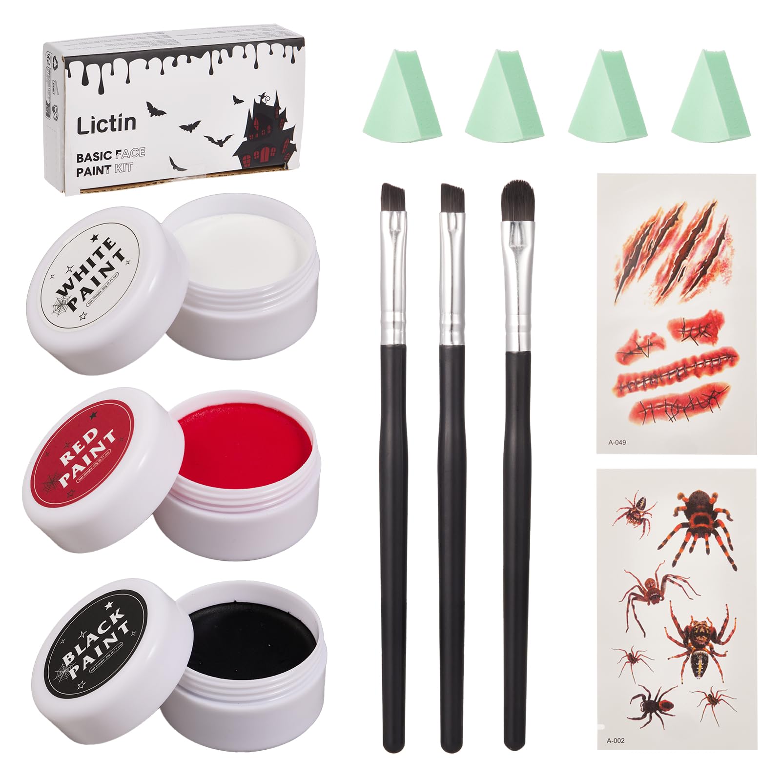 Kit De Maquillaje Halloween Con Pintura Facial Negra, Blanca Y Roja, Esponjas, Pinceles Y Tatuajes Para Disfraces De Zombi, Vampiro Y Joker