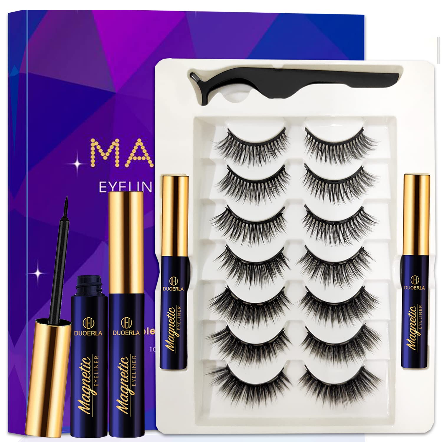 DUOERLA Magnetic Eyelashes - 7 Pairs 3D Medium Magnetic Lashes - 2 Tubes of Liner - Upgraded Natural Look, Long Lasting, Waterproof, Reusable Fake