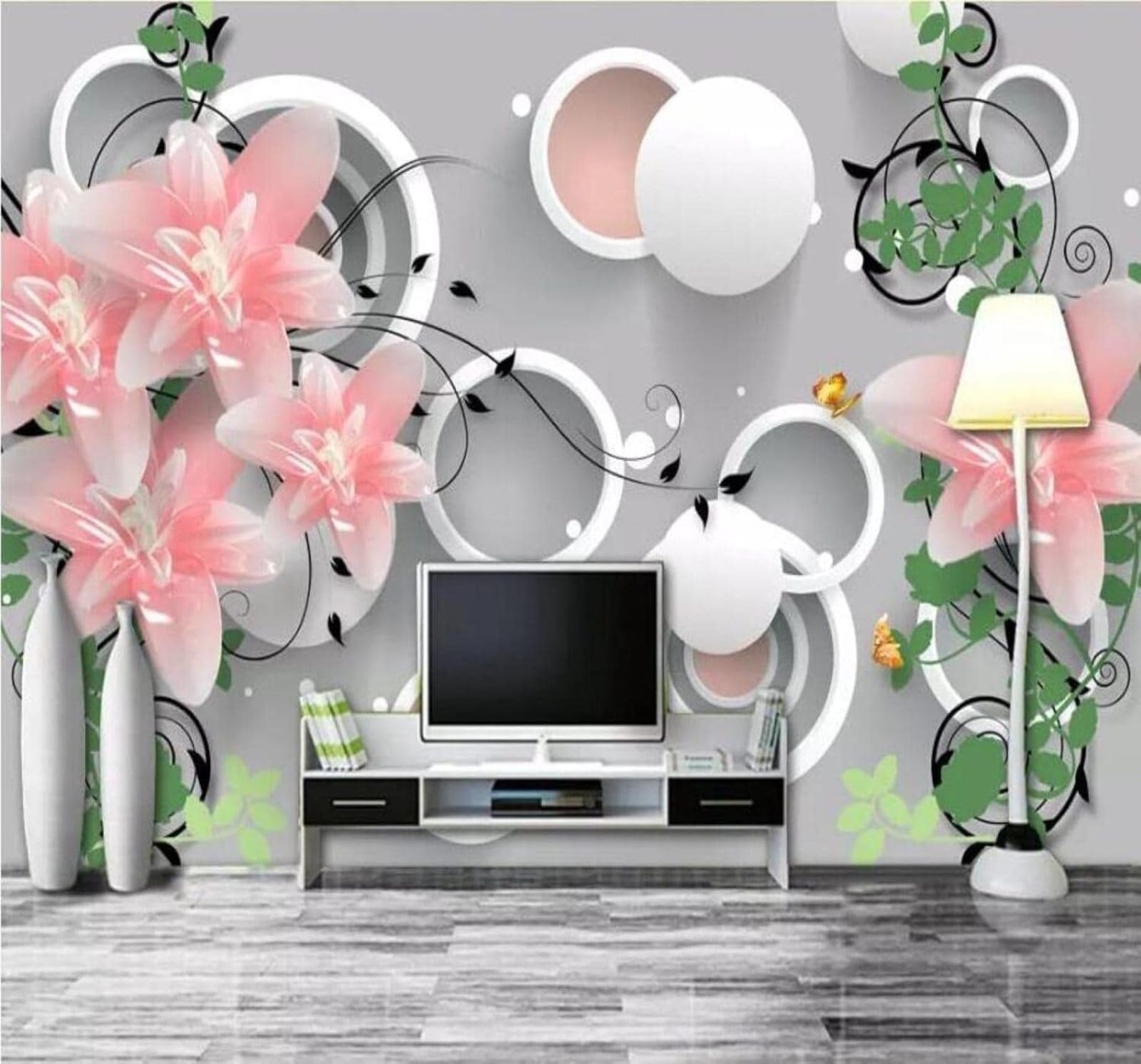Xlming 300Cm×210Cm(B×H) Creative Jade Carving: Lilies Geometric Circular 3D Wallpaper Luxury Silk Study Dining Feature Sofa Grey Bedroom Living Room Tv Decorative Wall-300Cm×210Cm