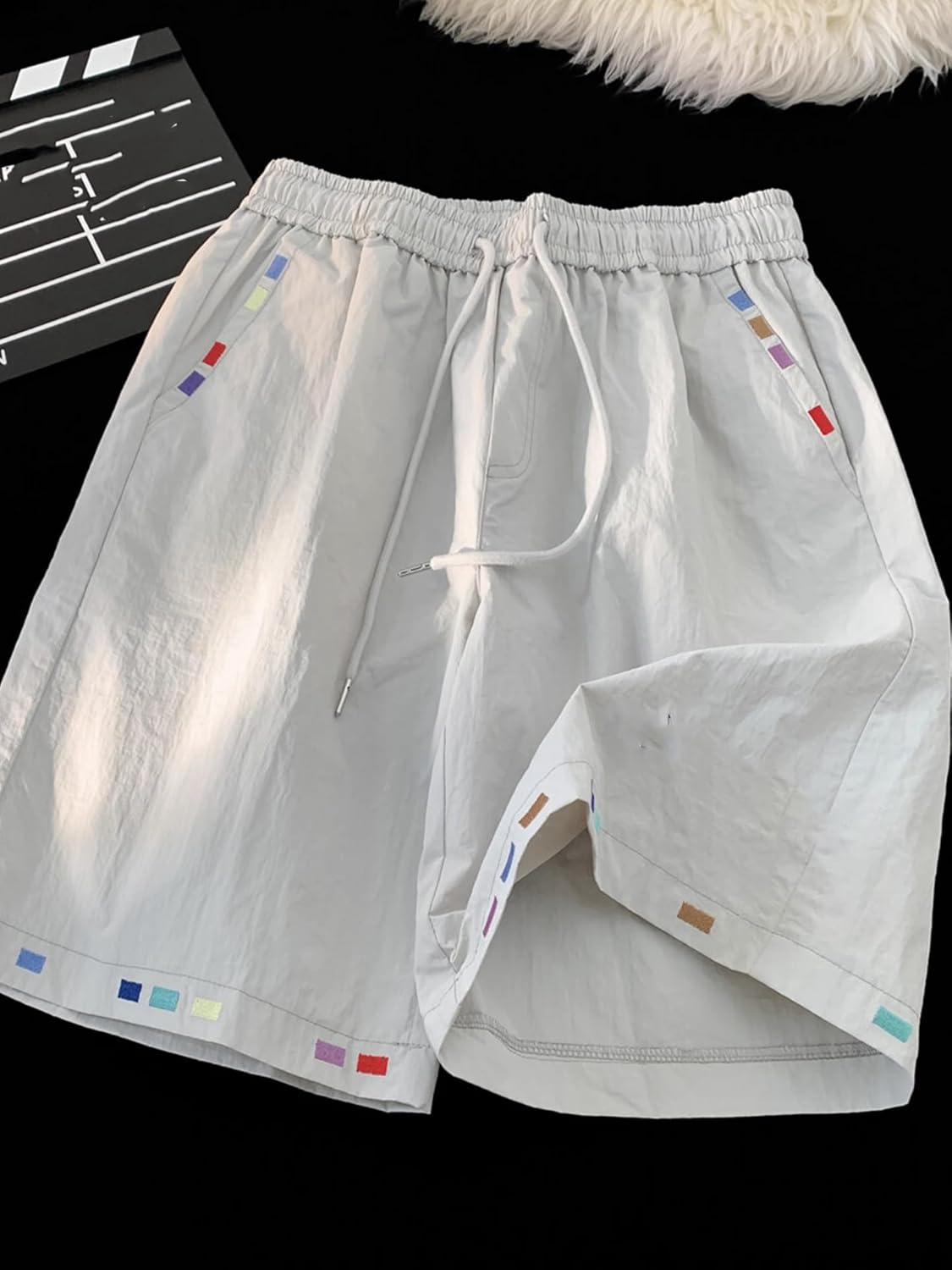 Men's Shorts Embroidered Summer American Style Loose Fit Ice Silk Shorts for Men-Yellow-X-Large