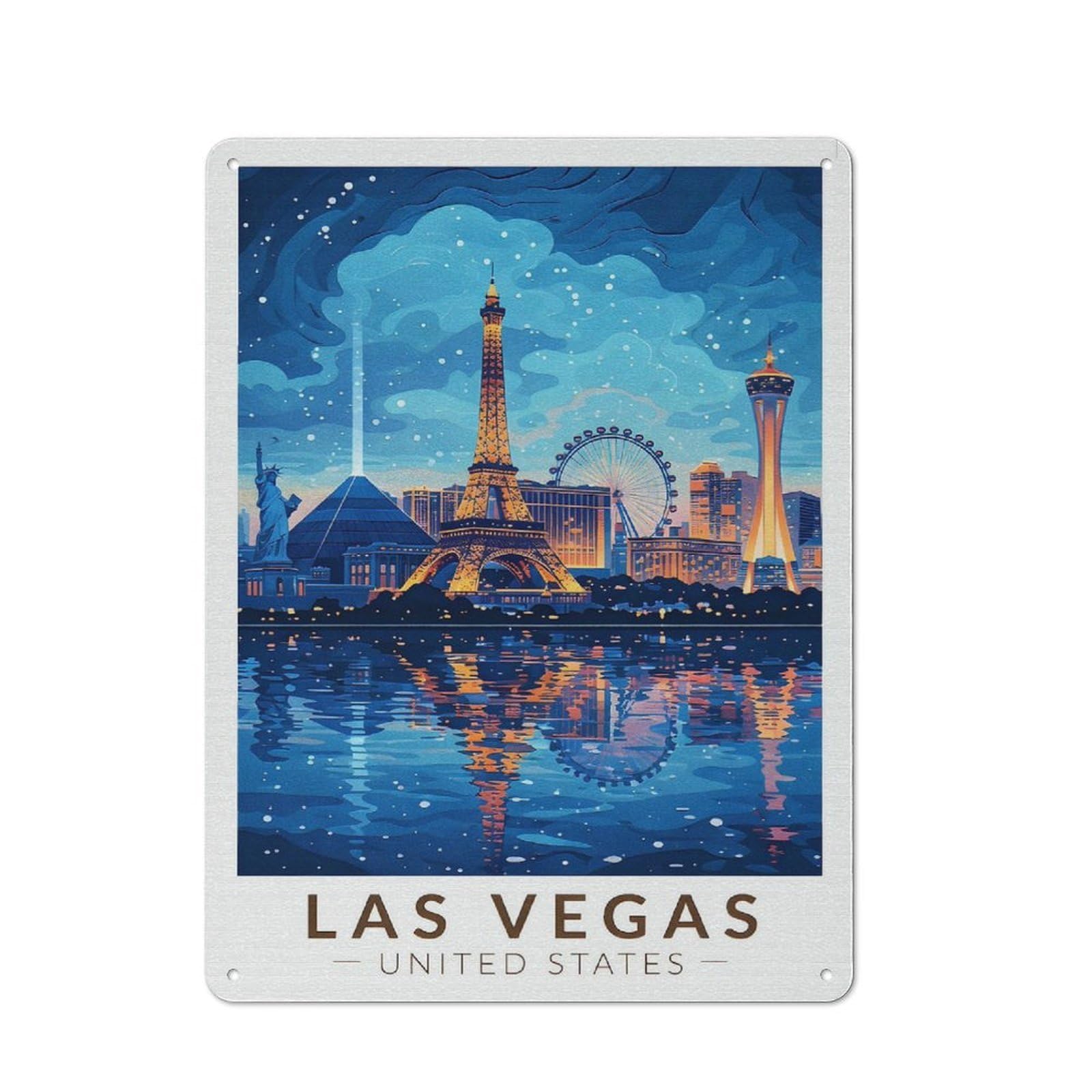 Junmoney Style-21 Rustic Las Vegas Skyline At Night(2) Rustic Tin Sign 40X30cm, Porch Wall Decor For Greenhouse, Garden Room, Cafe Or Entryway