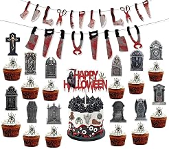 36 Pieces of Halloween Horror Cake Decoration+33 Pieces Halloween Decoration House Decoration Knife Banner,Cake Decoration