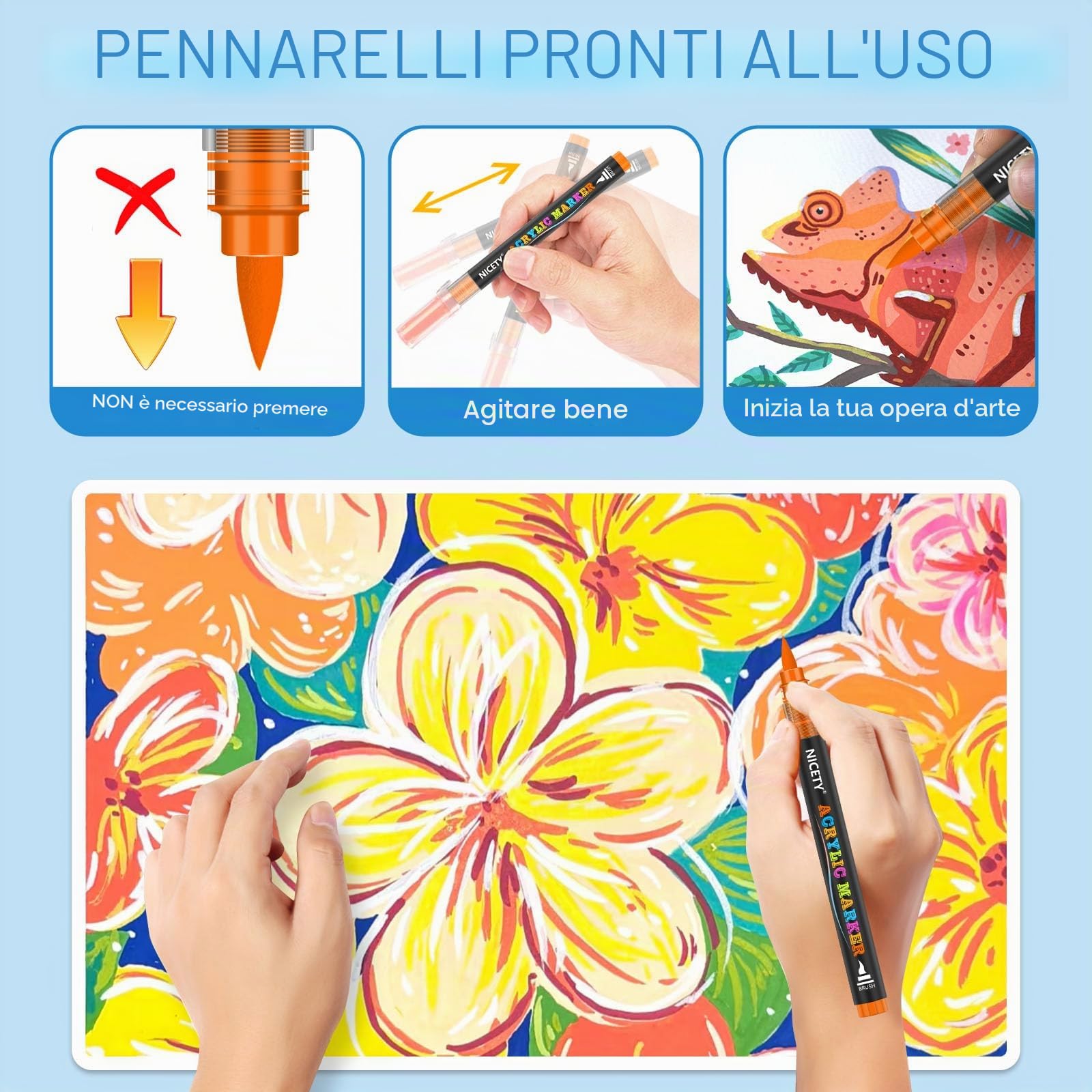 NICETY 264 Pen Acrilici Punta Pennello - Marcatori Base Acqua per Vetro Ceramica Legno Pietra - Non Tossici - Kit per Artisti e DIY