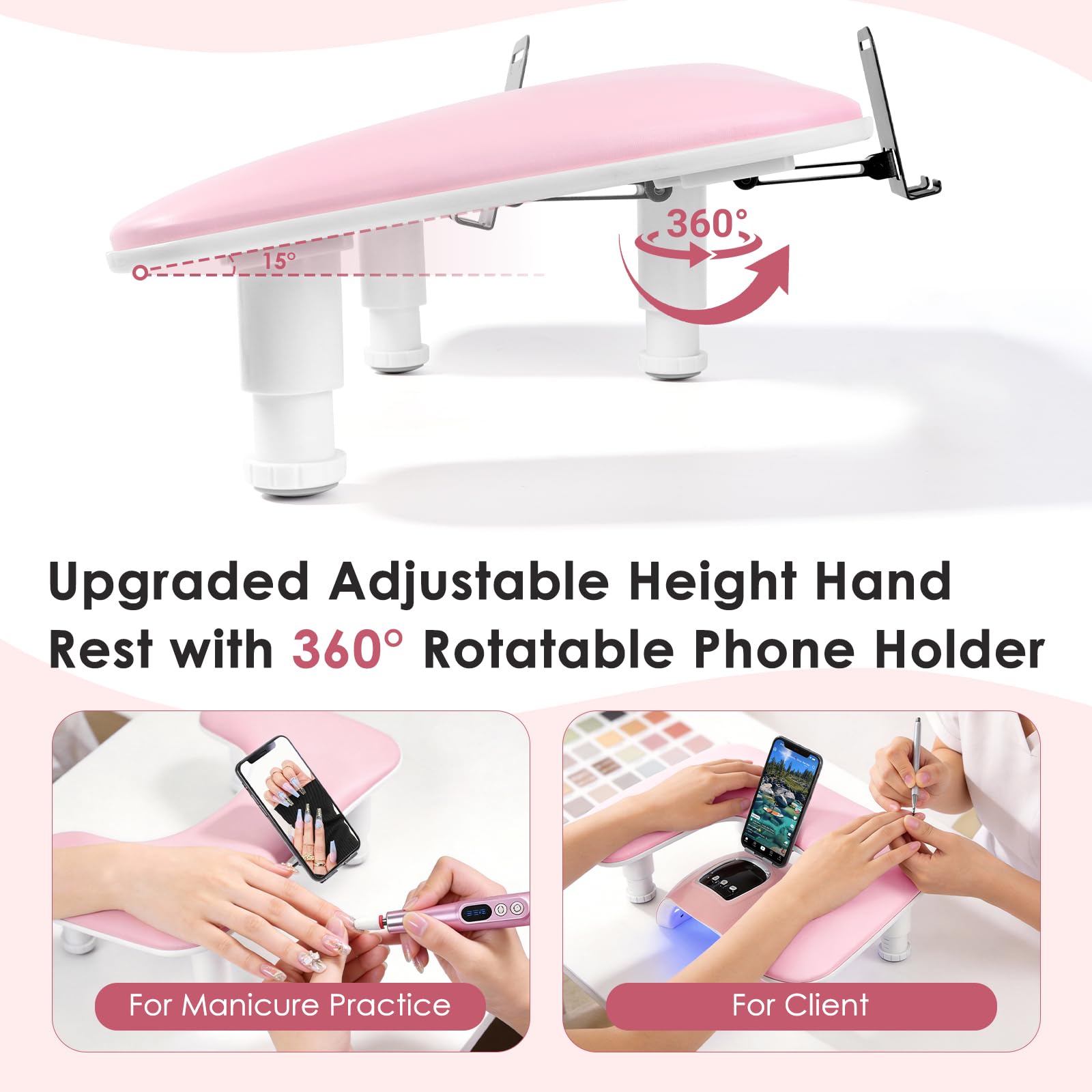 Reposabrazos para uñas para la mano: cojín de mano ajustable con altura y soporte para teléfono giratorio de 360° – Reposabrazos para uñas de cuero PU rosa para uso en salón de uñas y en casa