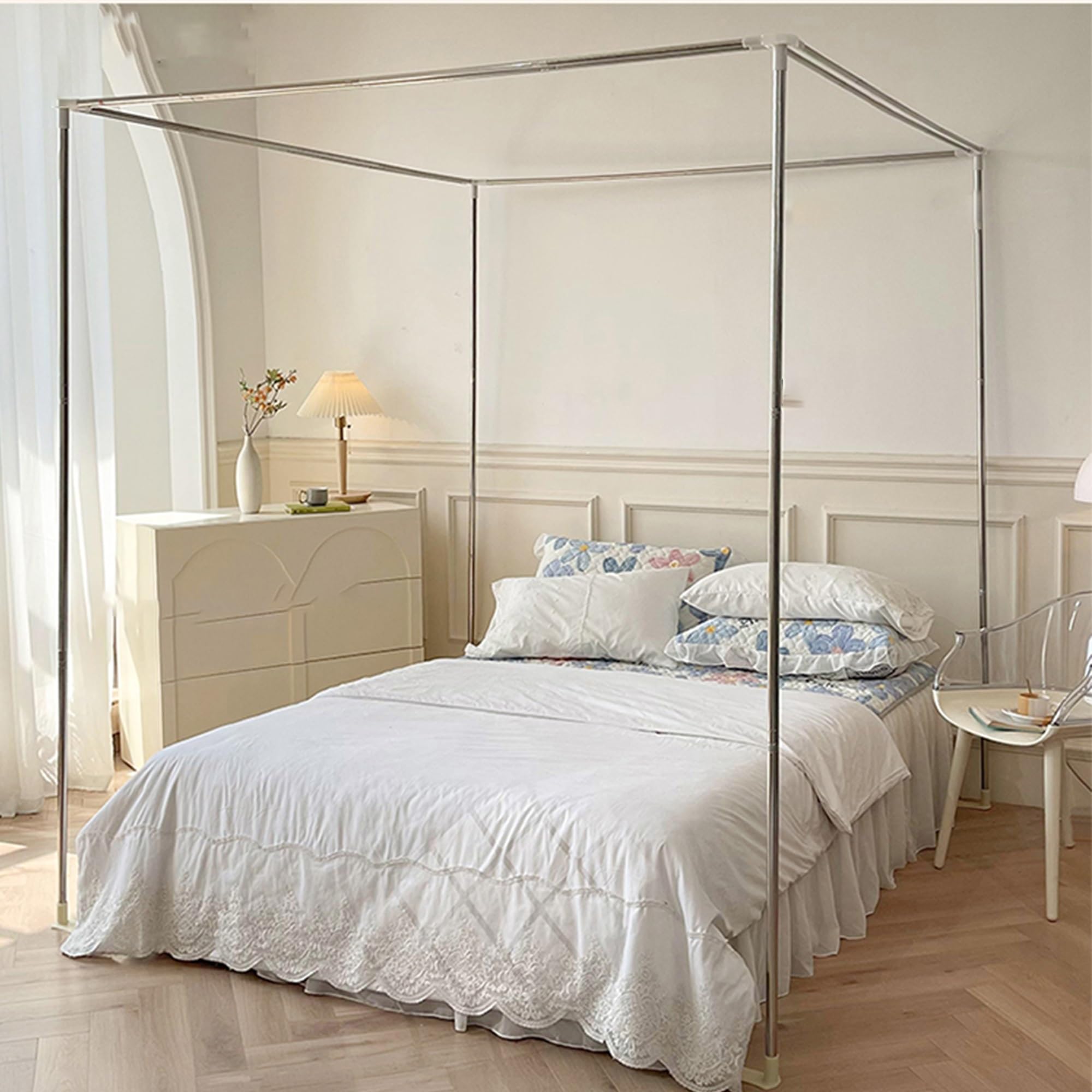 Bedgordijn klamboe voor bed met roestvrijstalen hemelframe, grote ruimte 3 zijopeningen voor verschillende maten bedden klamboe luifels,C,1.8x2m/5.9x6.6ft