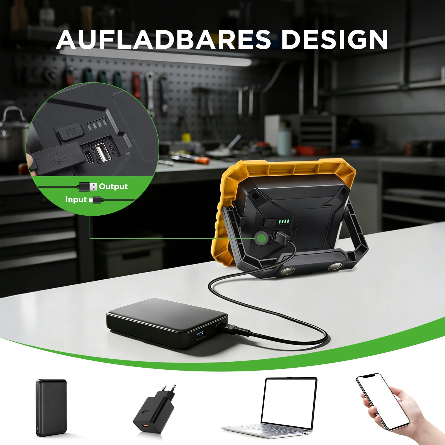 LUTEC 3500LM LED-Arbeitsleuchte, wiederaufladbare Magnet-Arbeitsleuchte mit Ständer, tragbare 5000K Flutlichtleuchte für Autoreparatur, Angeln, Camping, Notfälle, Wandern, 3 Modi (1 Stück)