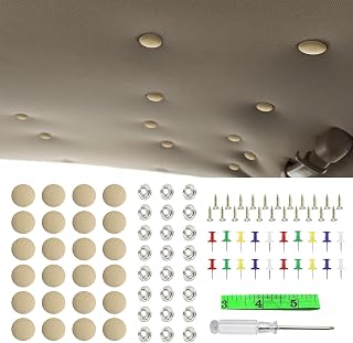 60Pcs Car Roof Headliner Repair Kit, Car Ceiling Fabric Repair, Auto Roof Snap Rivets Retainer with Installation Tool, Universal for Interior Ceiling Cloth Fixing Repair Buckle (Beige Flannelette)