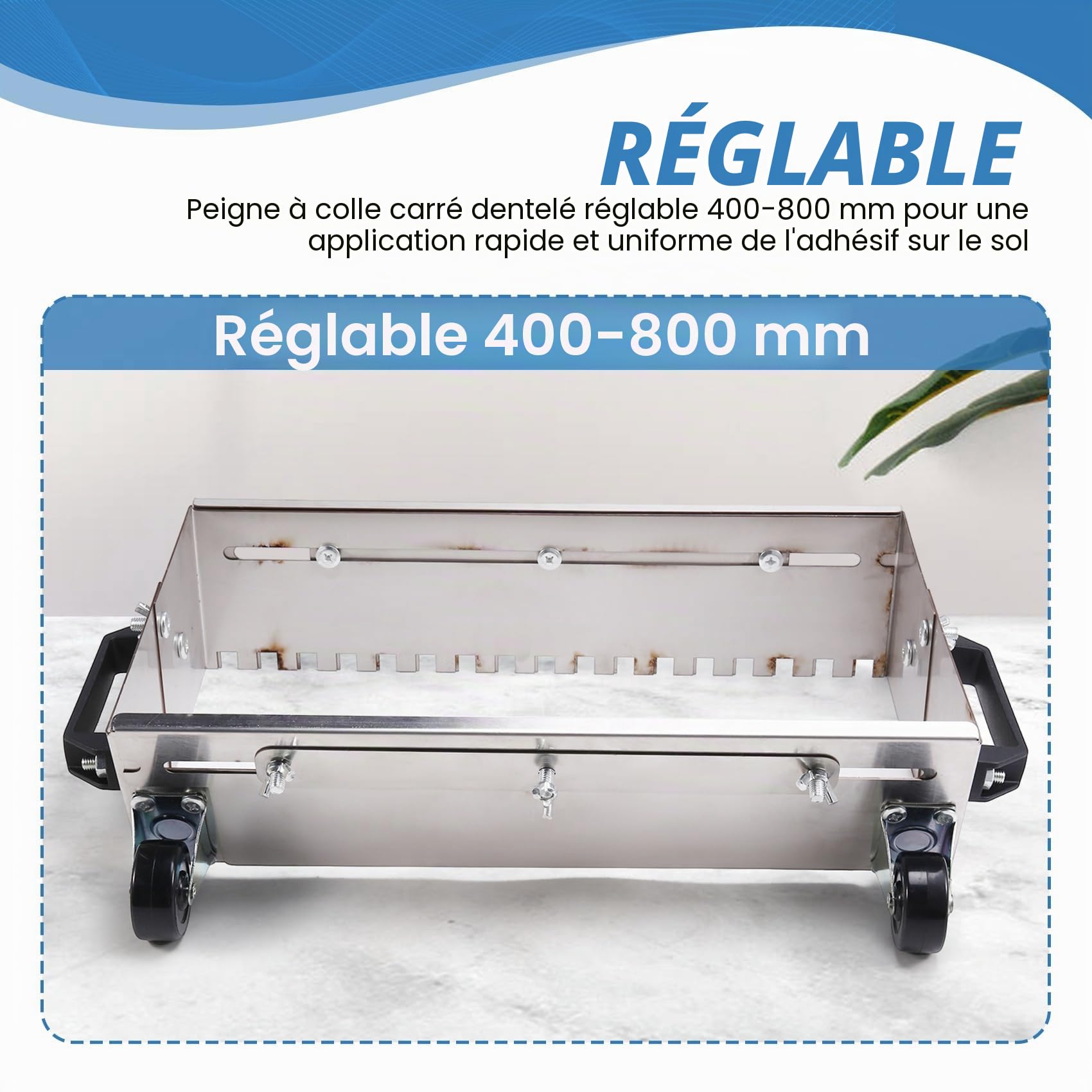 Truelle crantée carrée réglable de 400 à 800 mm pour une application et uniforme de la colle sur le sol.