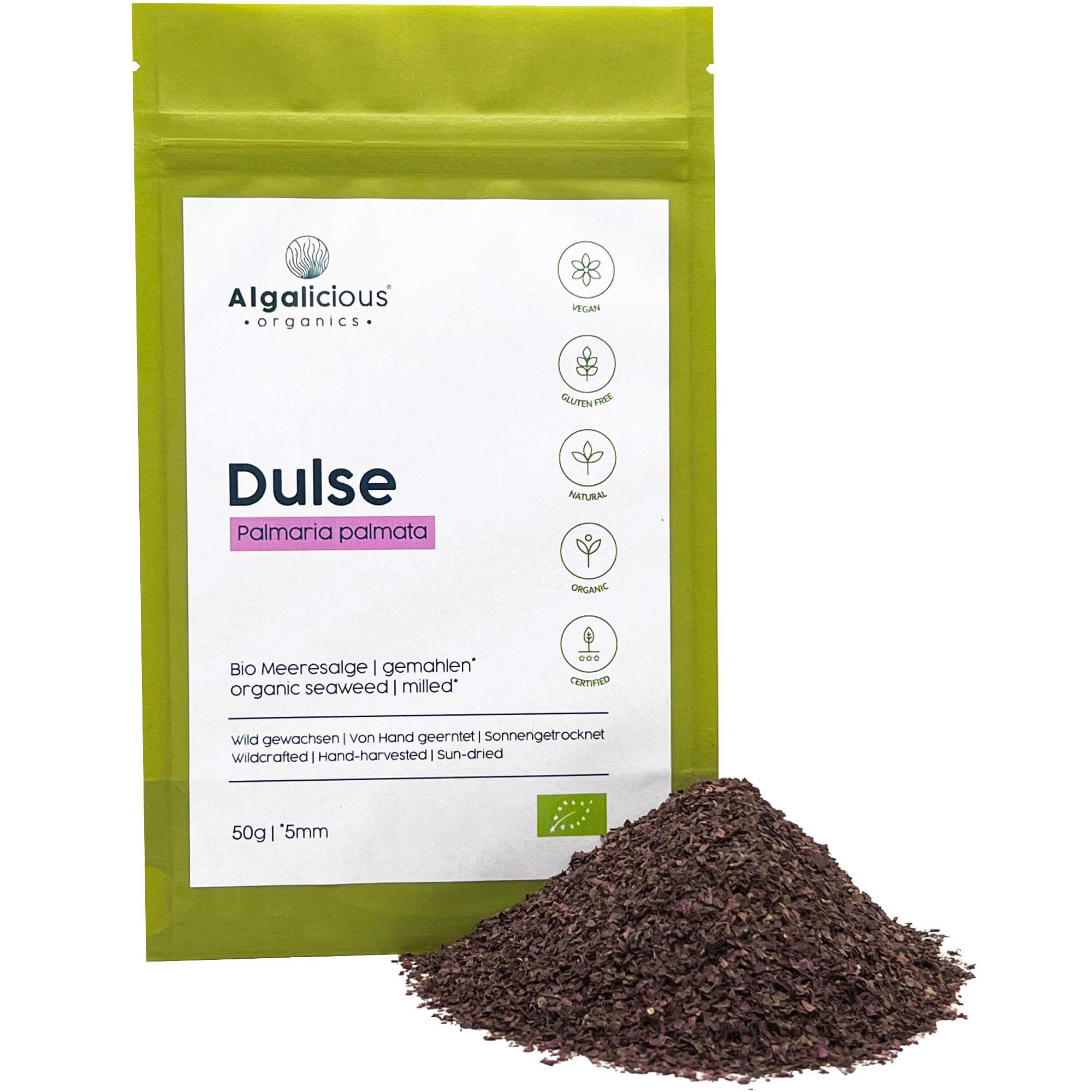 Bio Alga Dulse Copos 2 mm | 50 g de Atlántico Norte | Palmaria palmata es rica en vitamina B12 | ALGALICIOUS Algas irlandesas silvestres y recolectadas manualmente