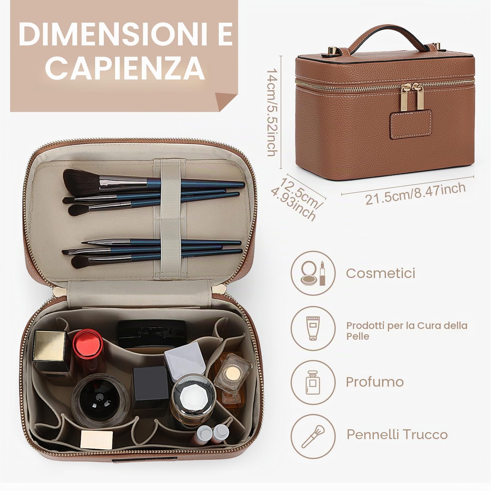 HiTotes, trousse per trucchi, borsa da viaggio in pelle per articoli da toeletta, organizer per trucchi con divisore rimovibile per uso quotidiano, 02-marrone, 21.5cm