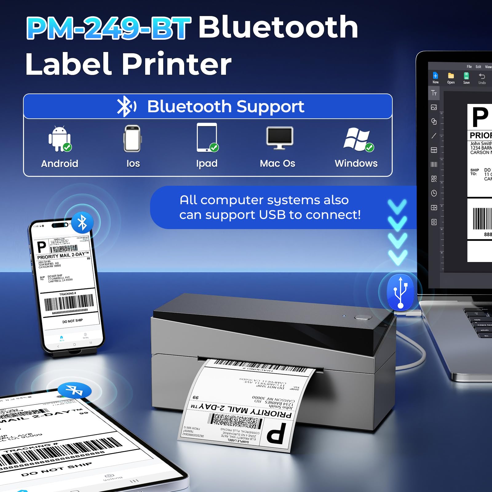 249BT Bluetooth Etikettendrucker DHL,Labeldrucker 4x6,Versandetiketten Drucker,DHL Label Printer Kompatibel mit Amazon, Etsy, Shopify, Royal Mail, DHL, FedEx, etc