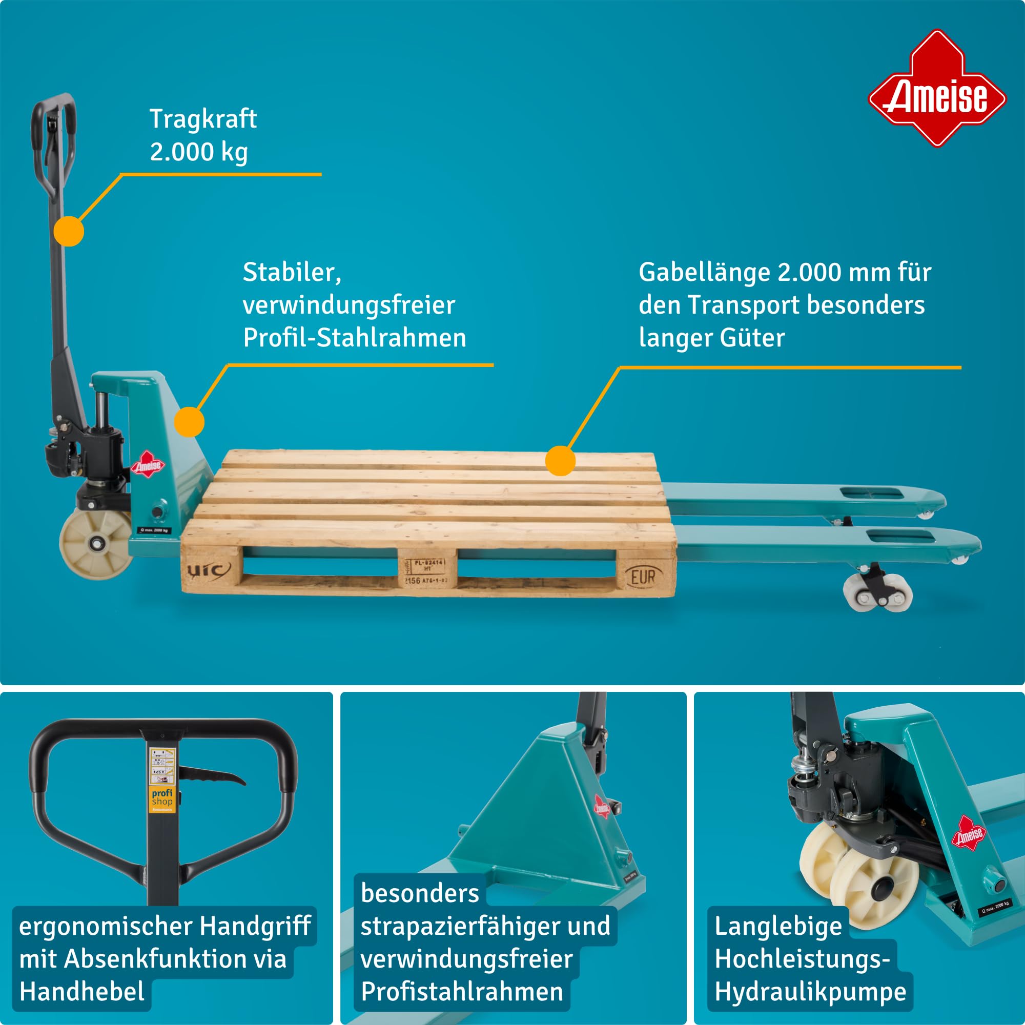 Ameise Hubwagen PTM lang | 2.000 kg Tragkraft | 2.000 mm Gabellänge | Lenkrad/Gabelrolle aus verschleißarmen Nylon | Tandem-Gabelrollen | Palettenhubwagen