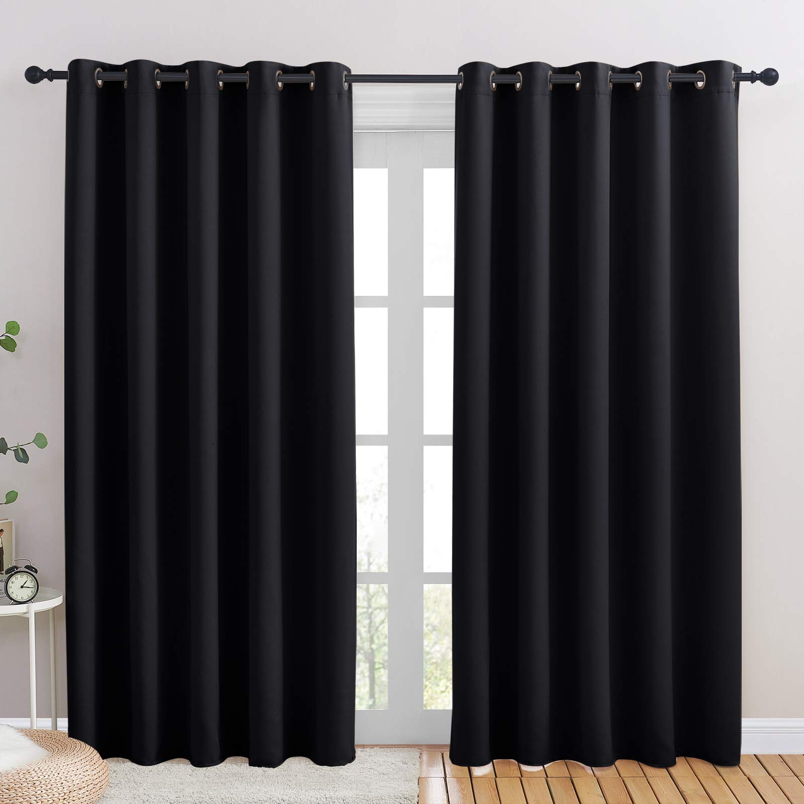NICETOWN Blackout Draperies Window Curtain Panels, Autumn/Winter Thermal Insulated Solid Grommet Blackout Curtains/Drapes for Cafe (Set of 2, 70 inches by 84 inches, Black)