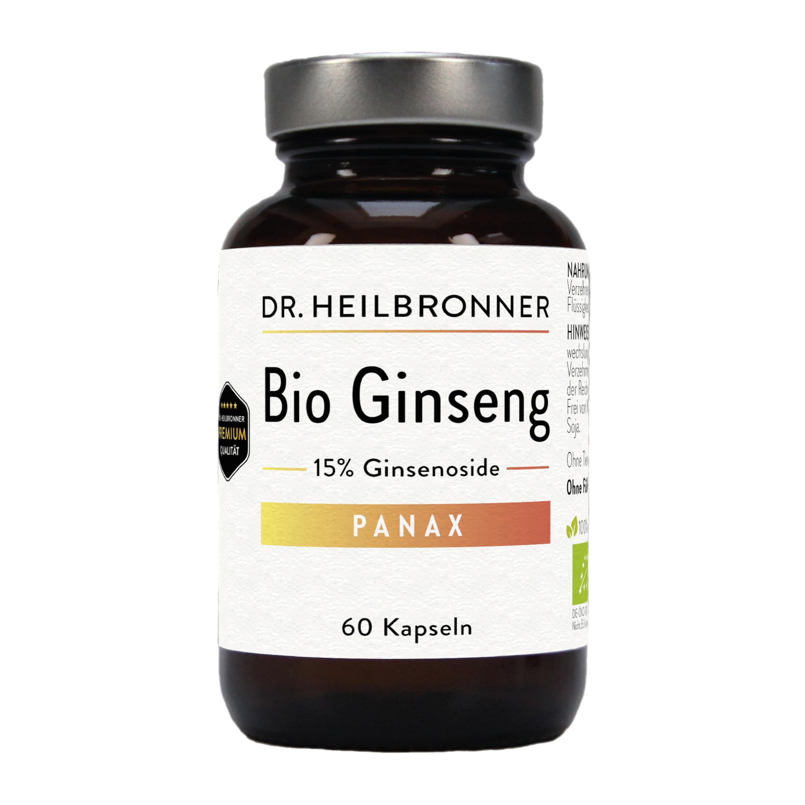 Dr. Heilbronner Bio Panax Ginseng - hochdosierter Wurzelextrakt - 60 Kapseln in der Glasflasche - Vegan