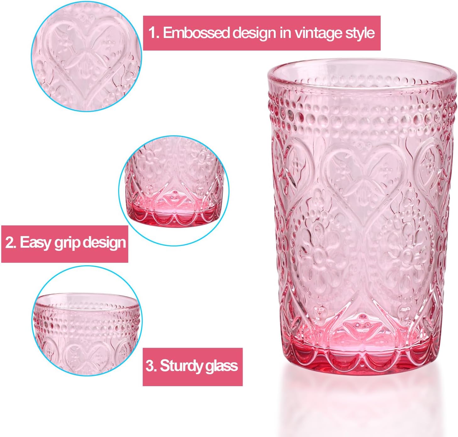 Vintage Drinking Glasses Set of 4-12 OZ Pink Embossed Old Fashioned Water Glasses Tumblers for Whisky, Beer, Juice, Beverages, Cocktail - Image 3