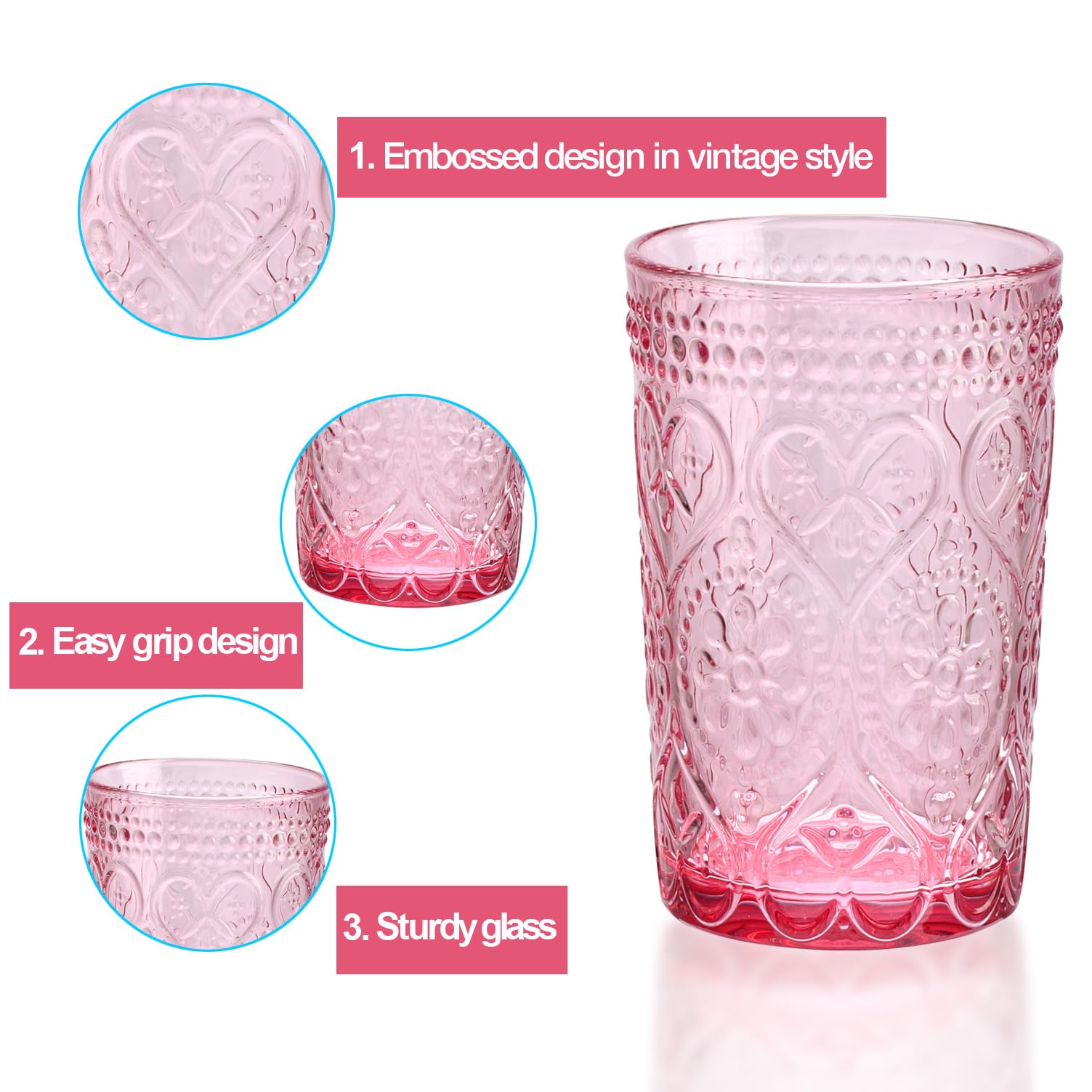 GLASS SMILE Vintage Trinkgläser Set von 4-12 oz rosa geprägte altmodische Wassergläser Tumbler für Whisky, Bier, Saft, Getränke, Cocktail