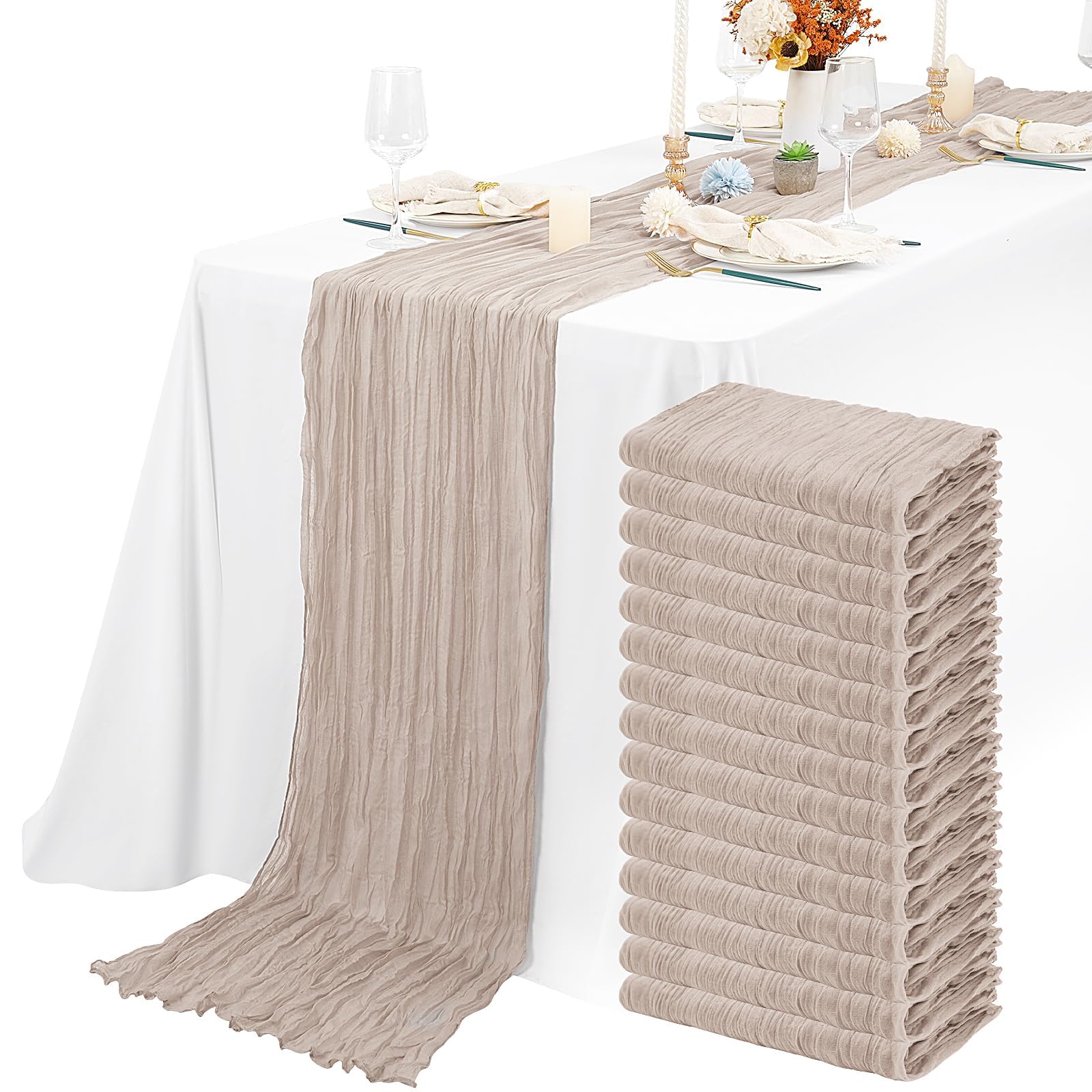 15 Packs Cheesecloth Table Runner Brown Grey Semi-Sheer Table Runner 55x300cm, Rustic Gauze Boho Table Runner, Wedding Table Decor Table Cloth for Bridal Shower Party Wedding Holiday — image 1