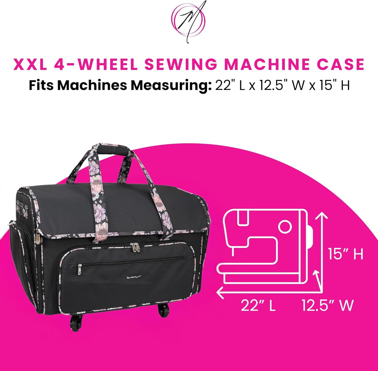 Everything Mary XXL Rolling Sewing Machine Case – Black & Floral Trim Wheeled Craft Bag – Spacious Organizer with 4 Wheels & Multiple Pockets for Sewing Supplies - Image 4