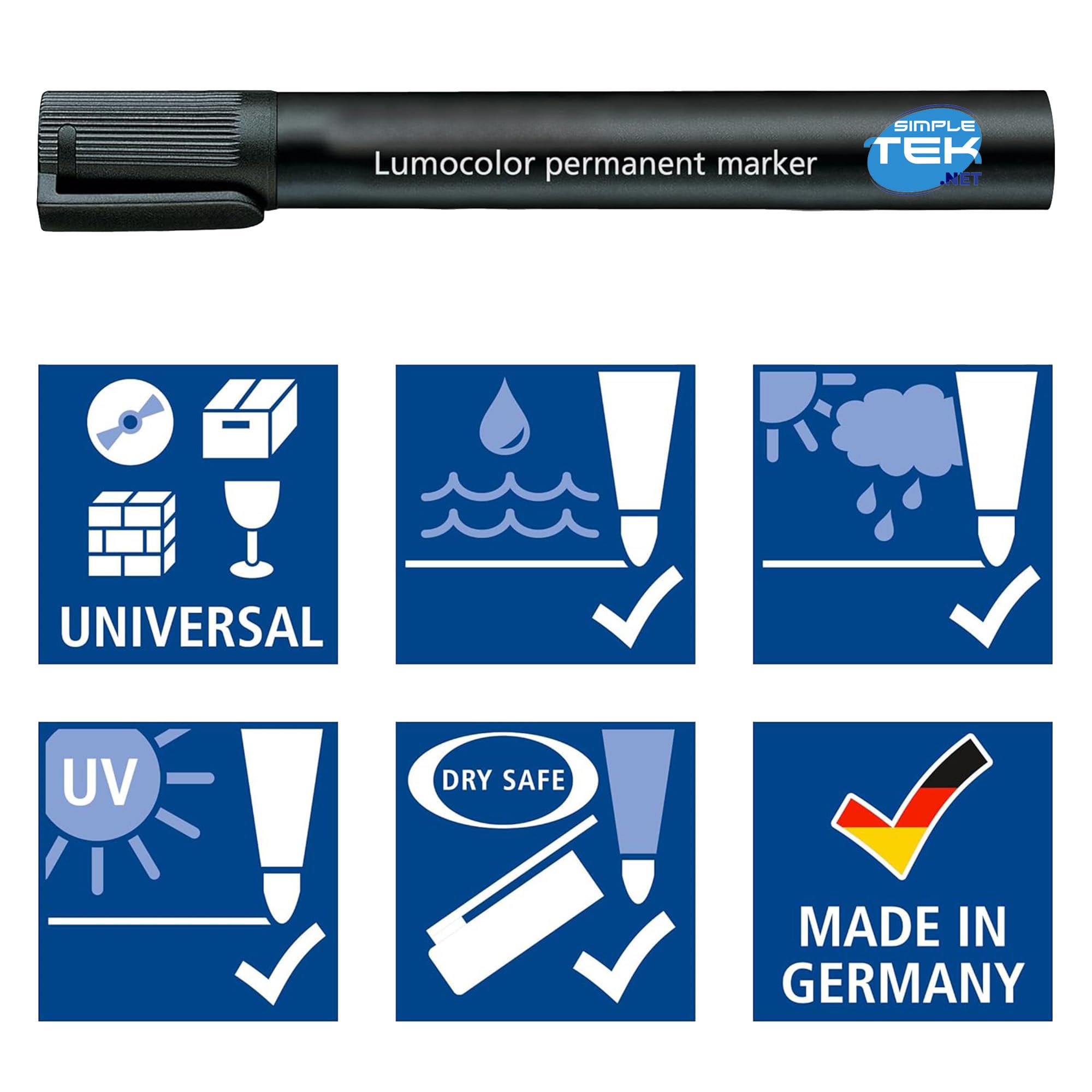 SIMPLETEK - 6x Pennarelli Indelebili Permanenti Neri - Punta Tonda 2 mm, Asciugatura Rapida, Resistente all'Acqua e alla Luce