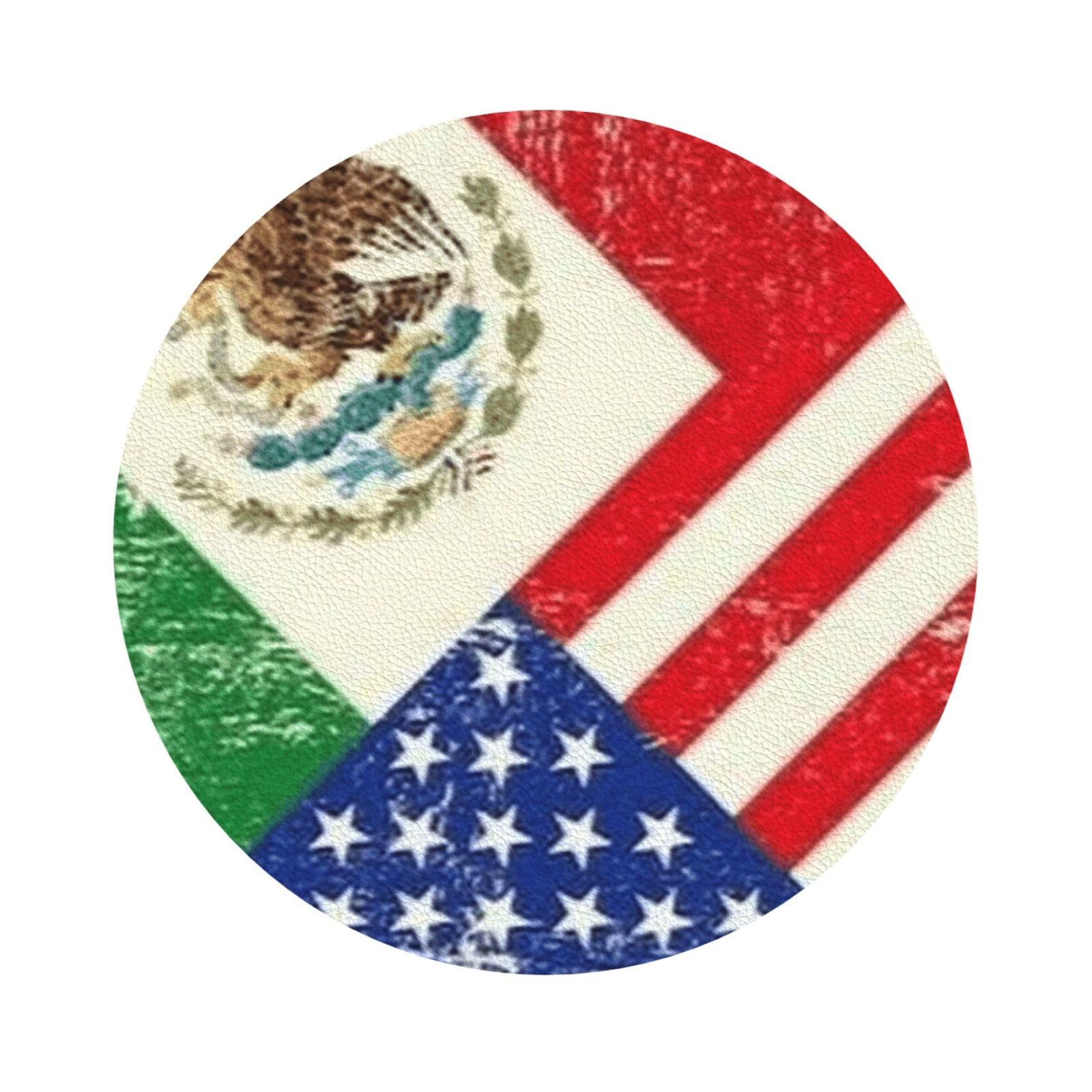 Mexican American Flag PU Leather Coasters Set of 6 Round Drink Coasters