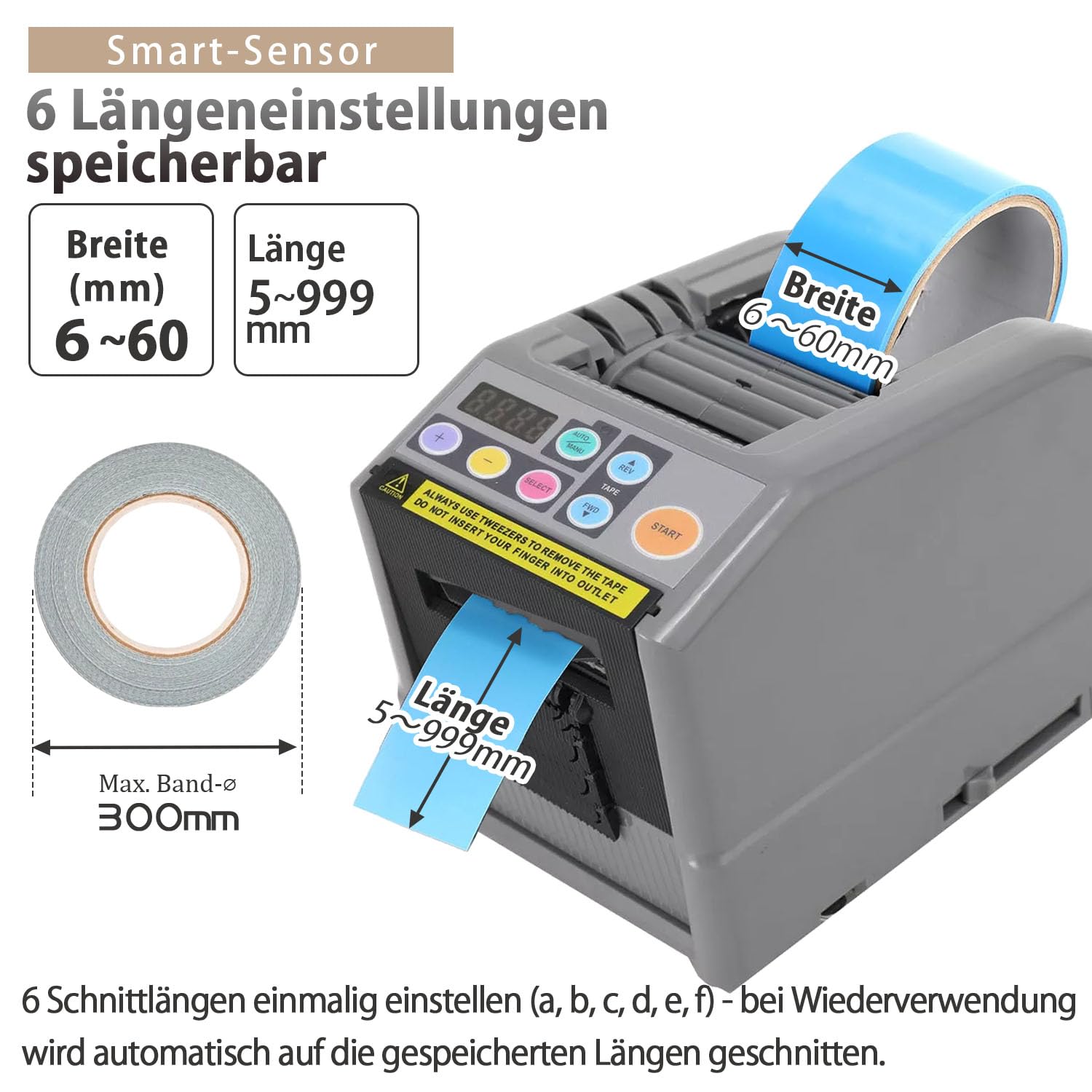 Kurflo Automatischer Klebebandspender, Elektrischer Klebebandabroller für Bandbreite 6-60mm, Länge 999mm, Bandspender, Elektrischer Bandschneider, Bandschneidemaschine für Büro, Schule und Laden