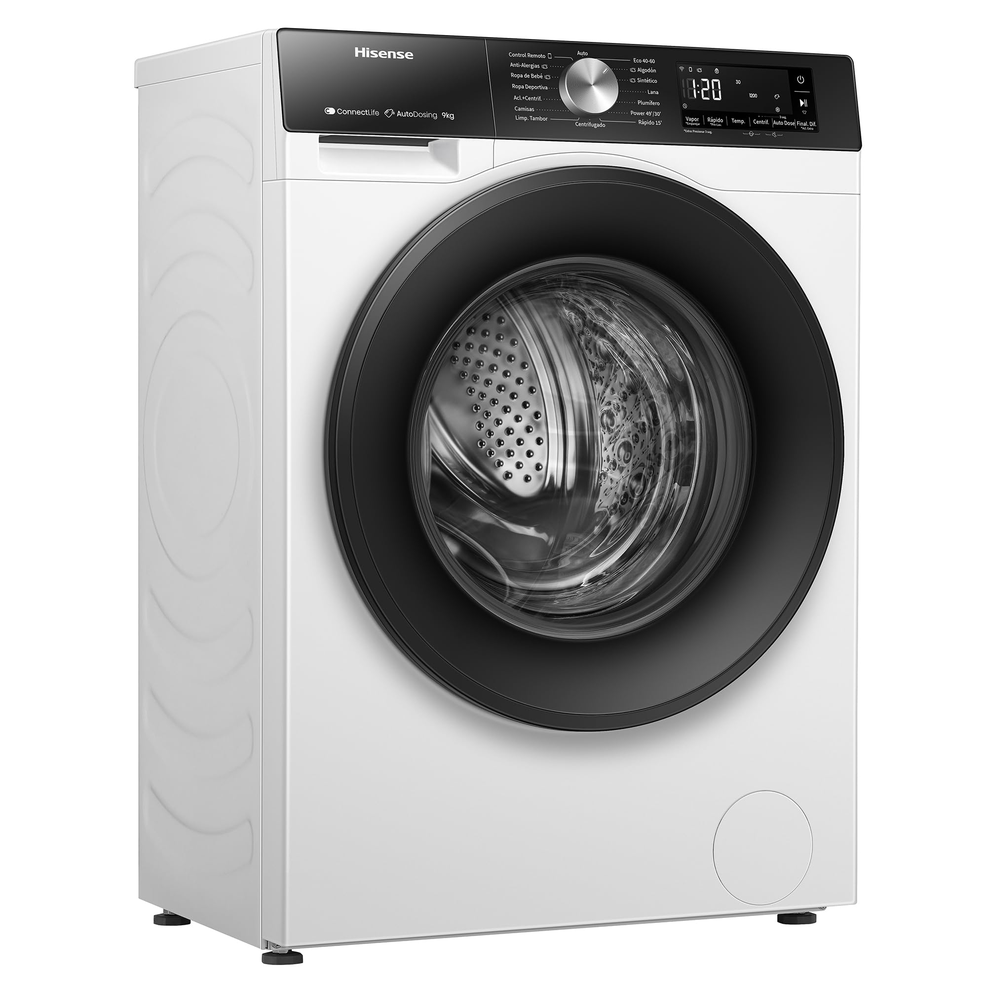Hisense WF3S9045BW3 - Lavadora con Vapor, Clase A, 9kg, Auto Dosificación, Conectividad WiFi, Función Vapor 99,9%, Lavado Auto Wash, Lavado Rápido 15', PureJet, Blanco
