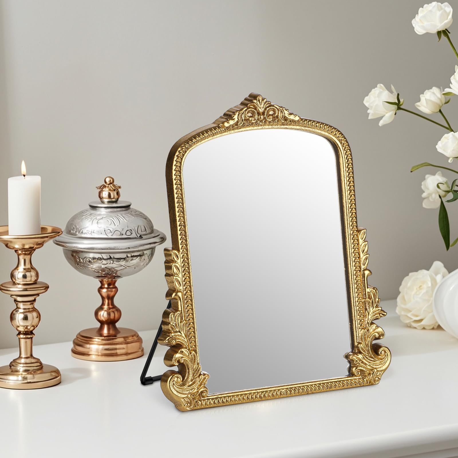 Espejo de maquillaje vintage, espejo de escritorio antiguo tradicional, de pie, colgar o montar en la pared, espejo de vestir ajustable, espejo decorativo dorado para sala de estar, dormitorio 9