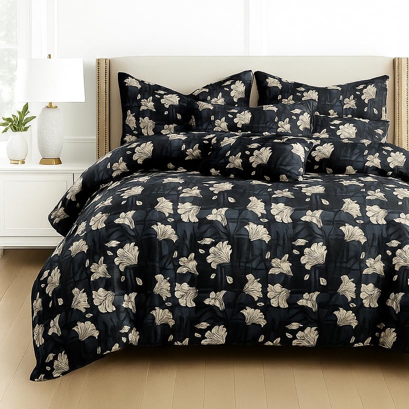Image of DECOR2ADMIRE 300TC Premium Glace Cotton Printed Super King Size Double Bedsheet with Two Pillow Covers, 108 * 108 Inches or 9ft by 9ft or 275 cm x 275 cm (Black Floral Elegance)