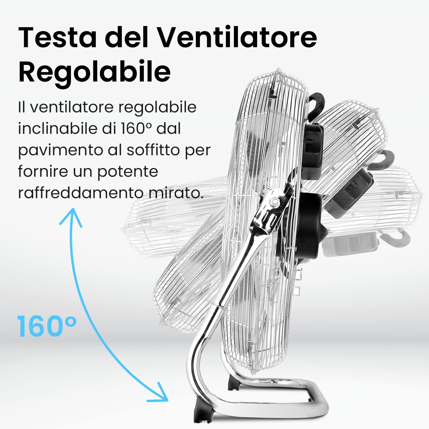 Pro Breeze Ventilatore da Pavimento 50 cm Cromato – Motore Potente 120W, 3 Velocità, Testa Inclinabile 160°, Massima Durabilità, Facile da Spostare, Ideale per Casa, Palestra e Ufficio