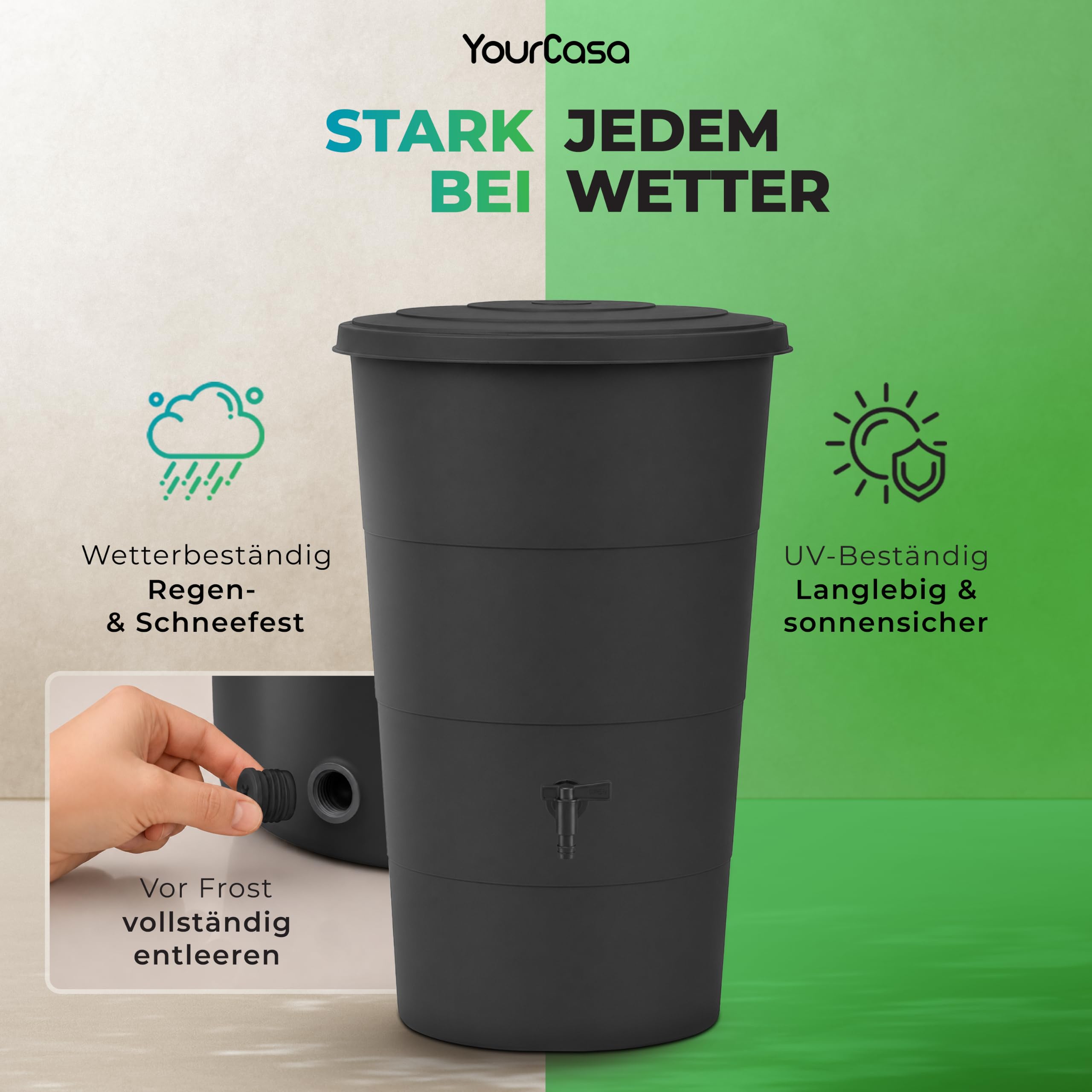 YourCasa Regentonne 200 Liter [inkl. Anschlusset & Bohrer] Regenfass Wetterfest aus Kunststoff mit Wasserhahn - Regenwassertonne - Wasserfass Regenwassertank Wassertonne für Garten (Anthrazit, 200L)