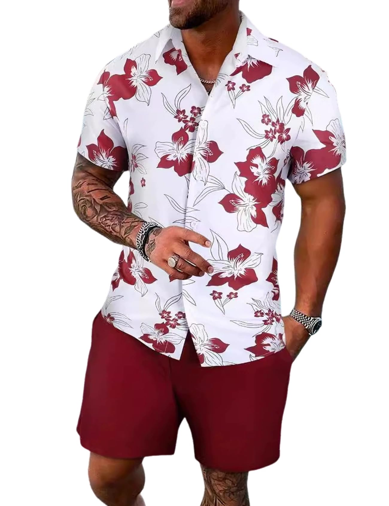 Yimoon Men's Summer 2 Piece Outfits Tropical Print Short Sleeve Button Down Hawaiian Beach Shirt and Shorts Set