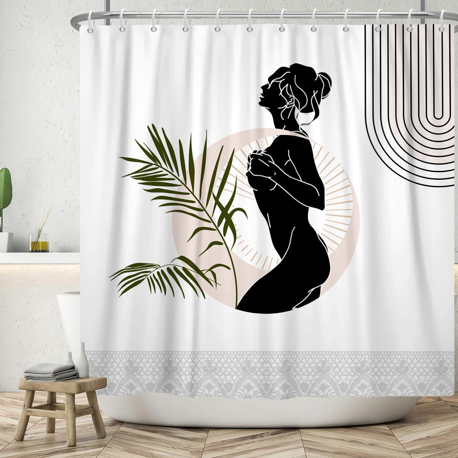 ASDCXZ Boho Shower Curtain 120x200 cm (WxL), Modern Abstract Art Elegant Girl Green Leaves White Washable Shower Curtains Polyester Textile Waterproof Shower Curtain for Bathtub with 8 Hook — image 1