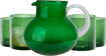 ARTLAND Iris 90oz Handcrafted Pitcher & 14oz Double Old Fashion Glasses Set of 4 - Lead-Free Bubble Drinkware for Elegant Dining & Serving - Ideal for Water, Cocktails, Juice, Gatherings Green