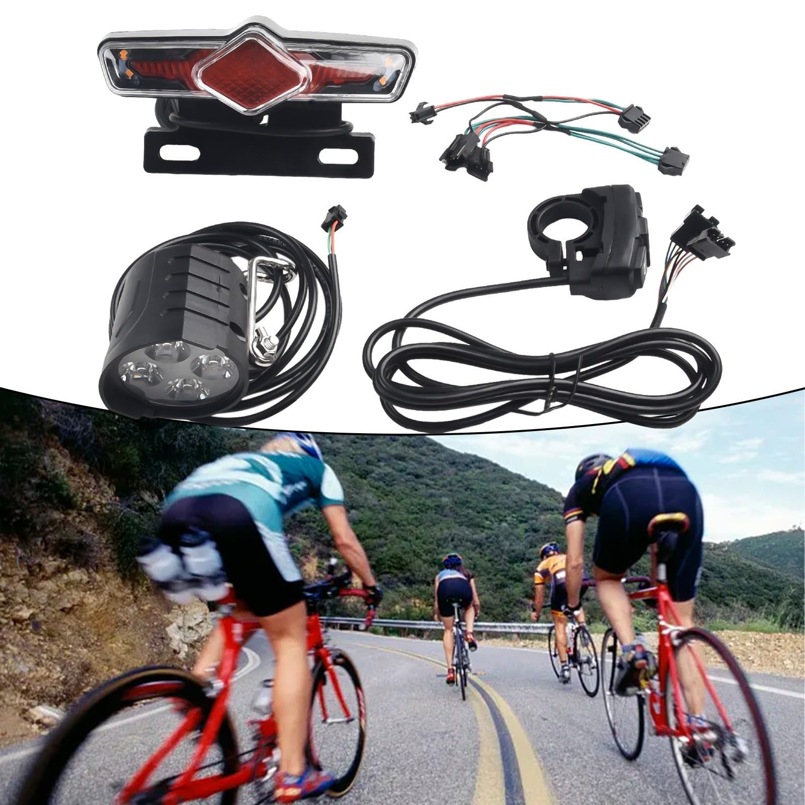 Set di luci a LED per Bici elettriche, luci Anteriori e Posteriori, Cavo Interruttore DK336, 36-60 V, Impermeabile IPX4, Controllo clacson per Bicicletta elettrica, retrofit Fit