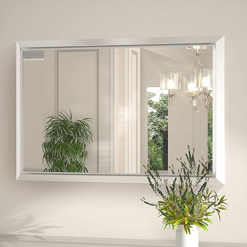 Wansi Shine Espejo plateado de 36 x 30 pulgadas para pared, espejo de baño con marco de metal de níquel cepillado para tocador, espejo rectangular