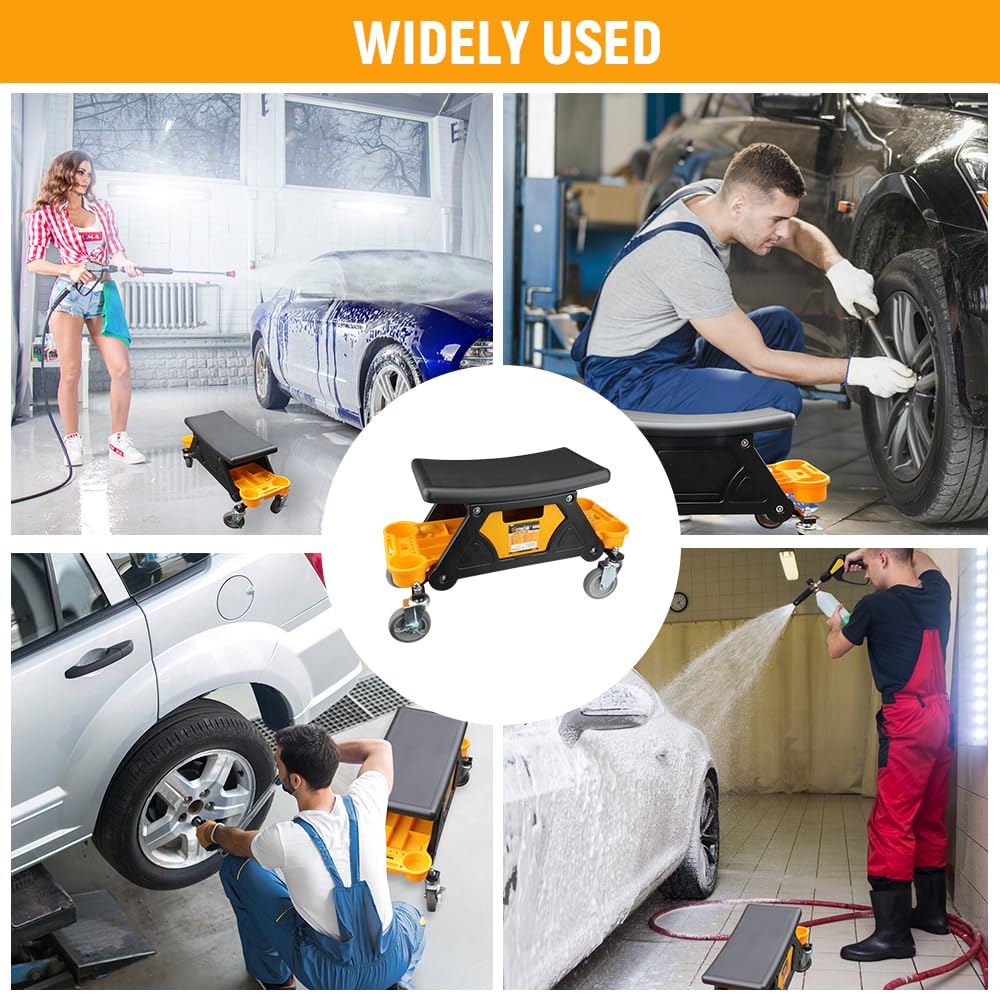 Hoteche Taburete de Taller Taburete de plástico para reparación de automóviles | Diseño de PP Negro con cajón y Compartimento para Herramientas Amarillo | 650x250x380mm | 6,16 kg de Peso