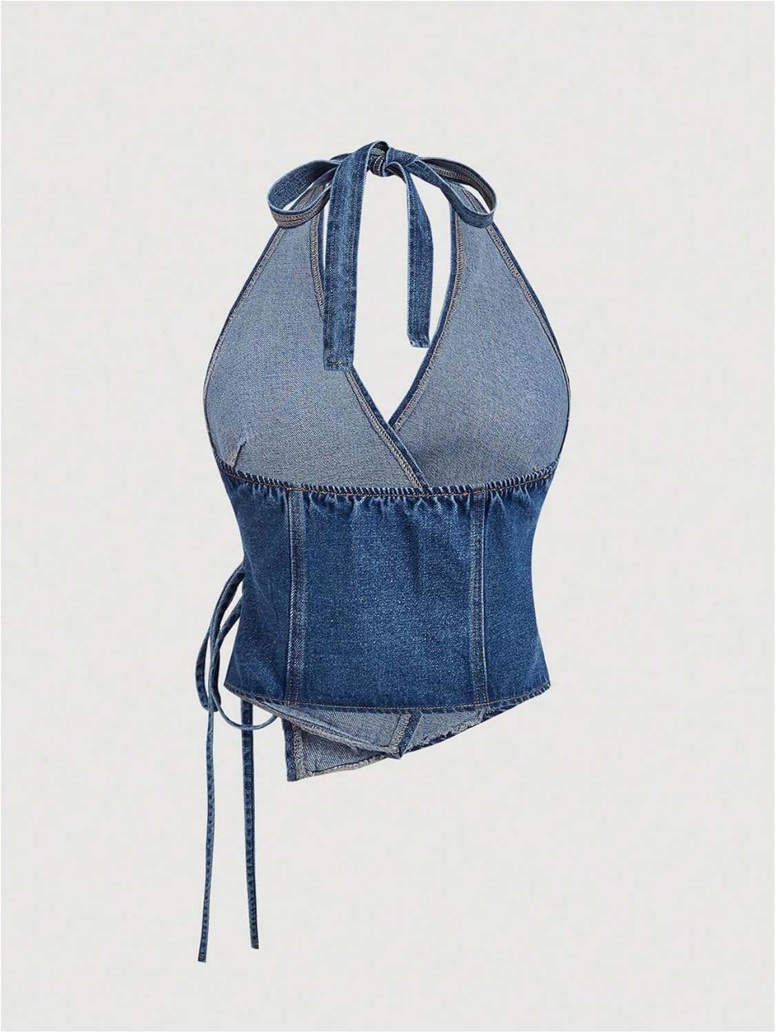 MakeMeChic Women's Halter Denim Top Summer Wrap Asymmetrical Backless Fitted Y2K Crop Tops - Image 2