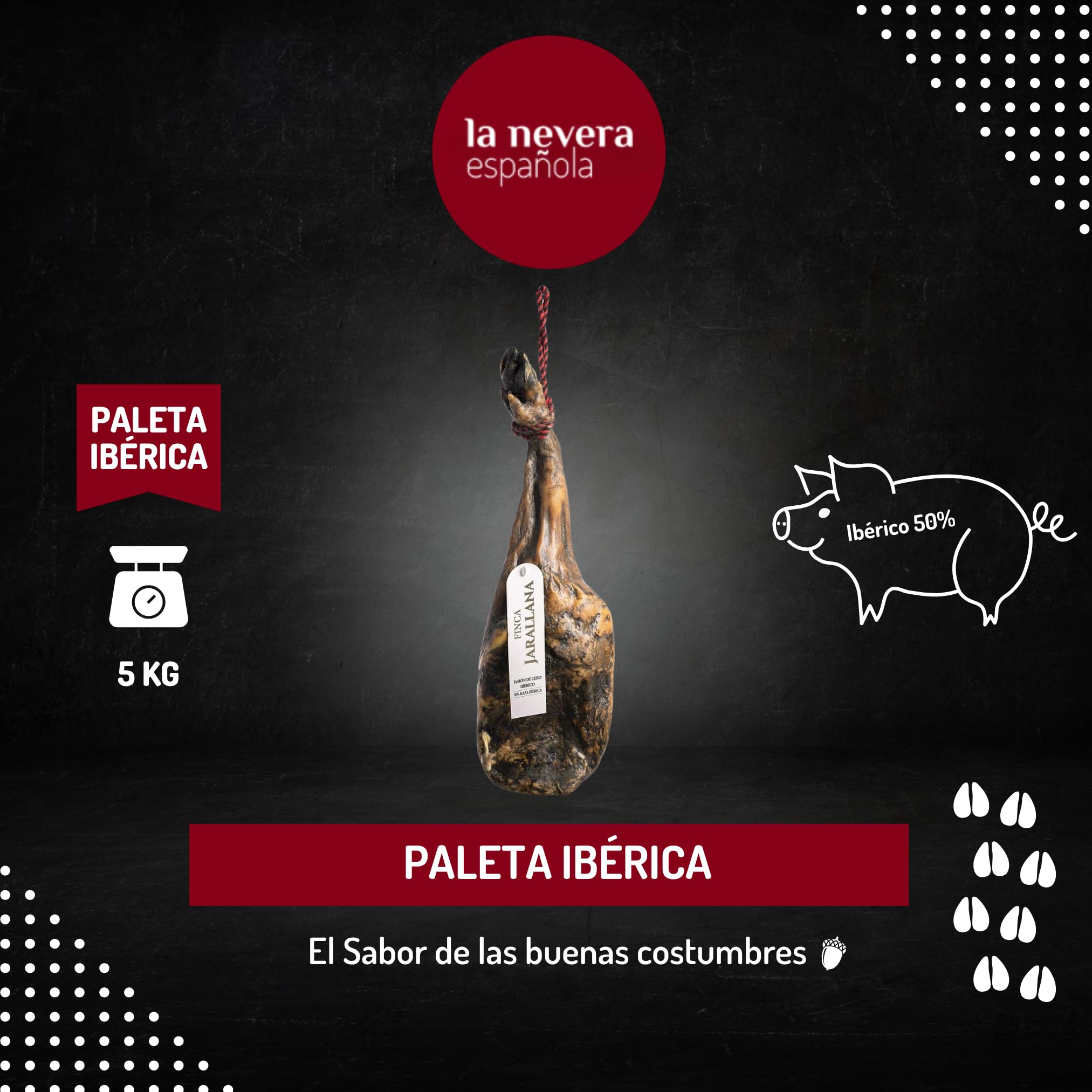 Finca Jarallana | Paleta de Cebo Ibérico 50% | Pieza de 5 kg con Secado Natural | Cerdos de Raza Ibérica | Curación (16 meses) | La Nevera Española