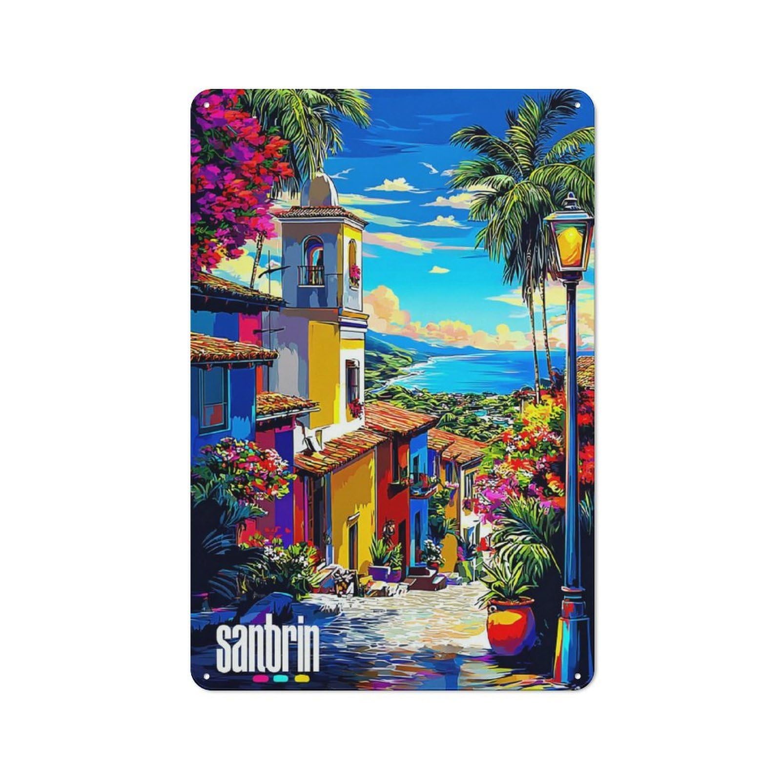 Junmoney Colorful Coastal Village Scene -1 Country Metal Sign With Design 30X20cm, Farmhouse Farmhouse Wall Decor For Kitchen, Cottage, Porch Or Garden Room