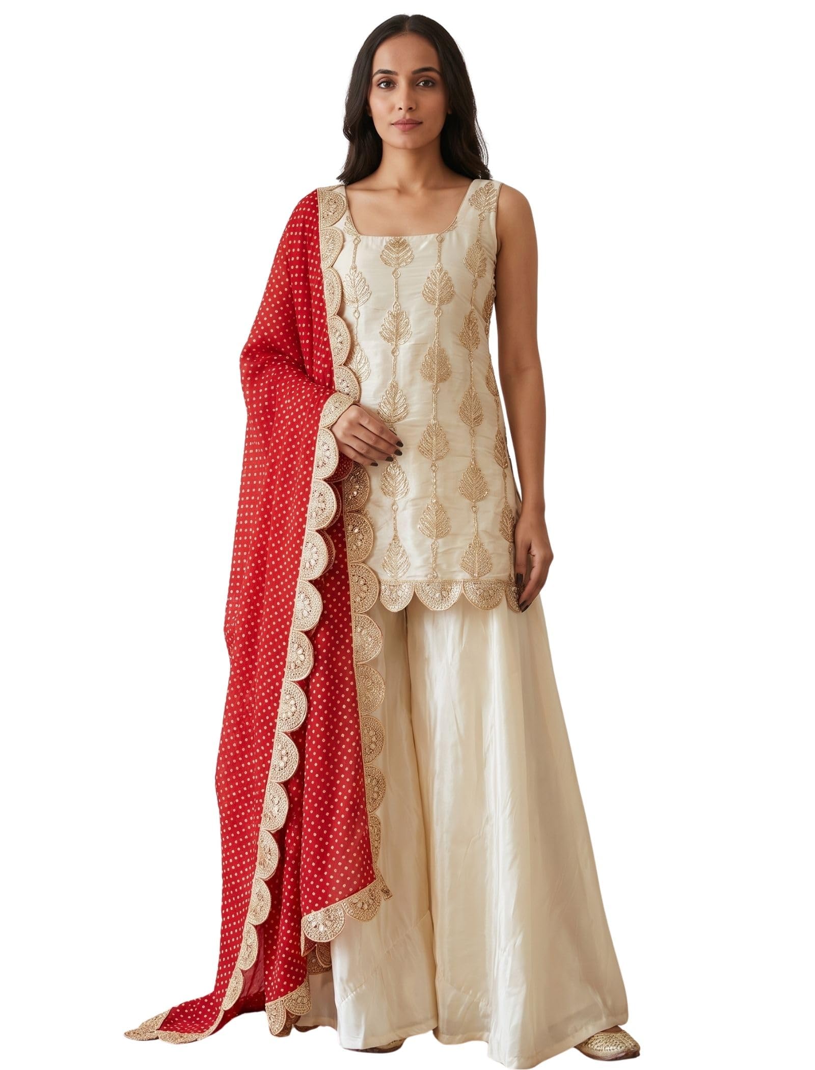 Women's Regular Fit Embroidered Pattern Silk Kurta Palazzo Bandhani Dupatta Set With Round Neck Sleeveless Hip Length A-Line Style and Pull On Closure Type | Kurta Palazzo Set For Women-picture-31