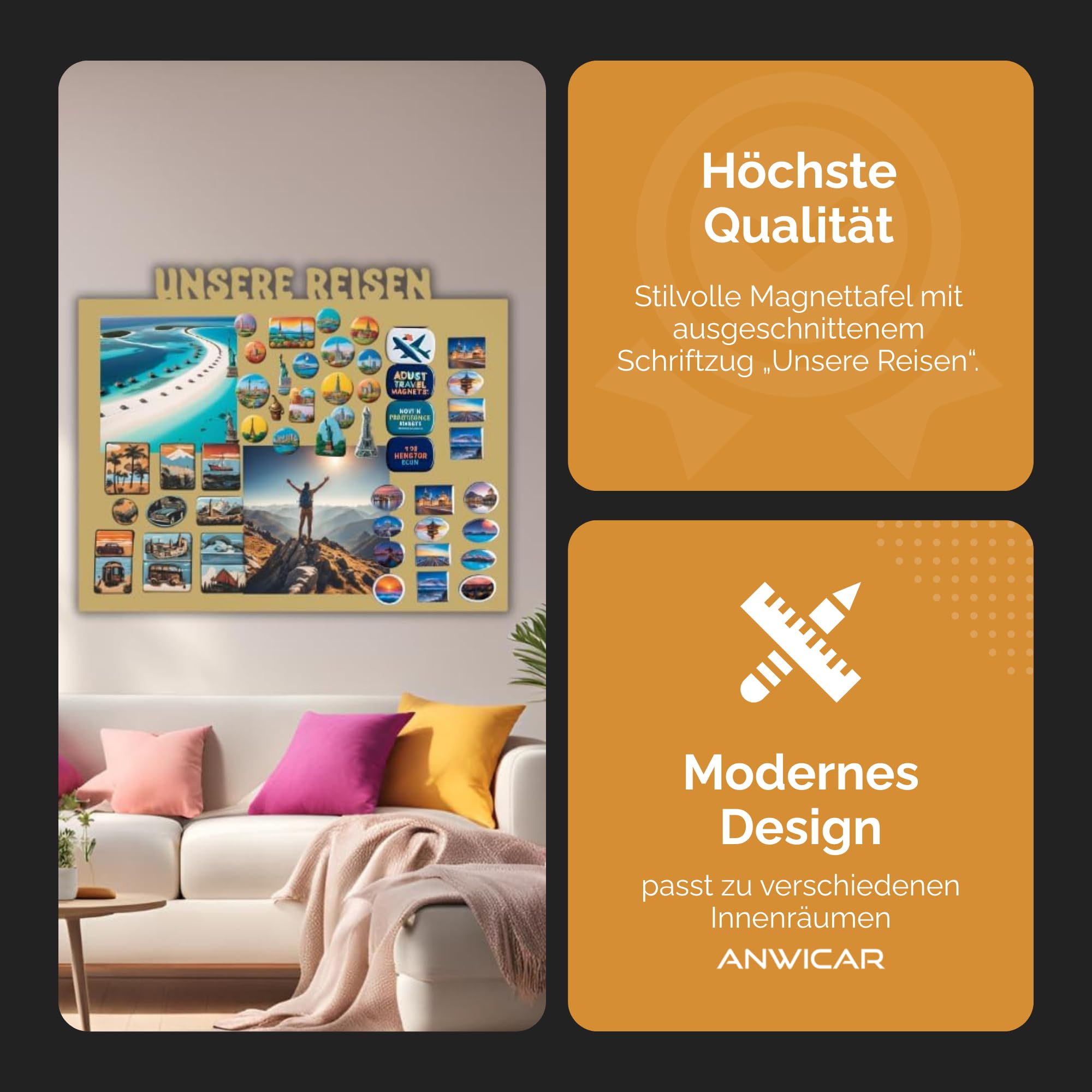 Magnettafel Schwarz 85x50cm Unsere Reichen, Metall Magnetische Tafel, Magnetboard, Magnetwand, Wandmontage, für Wohnzimmer, Küche Flur Kinderzimmer Büro, Tafel für Touristenmagnete Notizen und Fotos