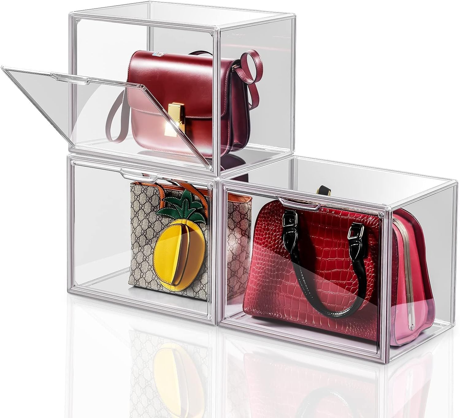 Purse organizer for closet handbag storage in clear acrylic